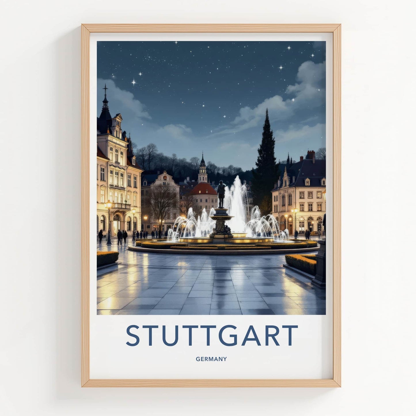 Stuttgart Poster - Germany Travel Print - Illuminated Fountain Square Home Decor