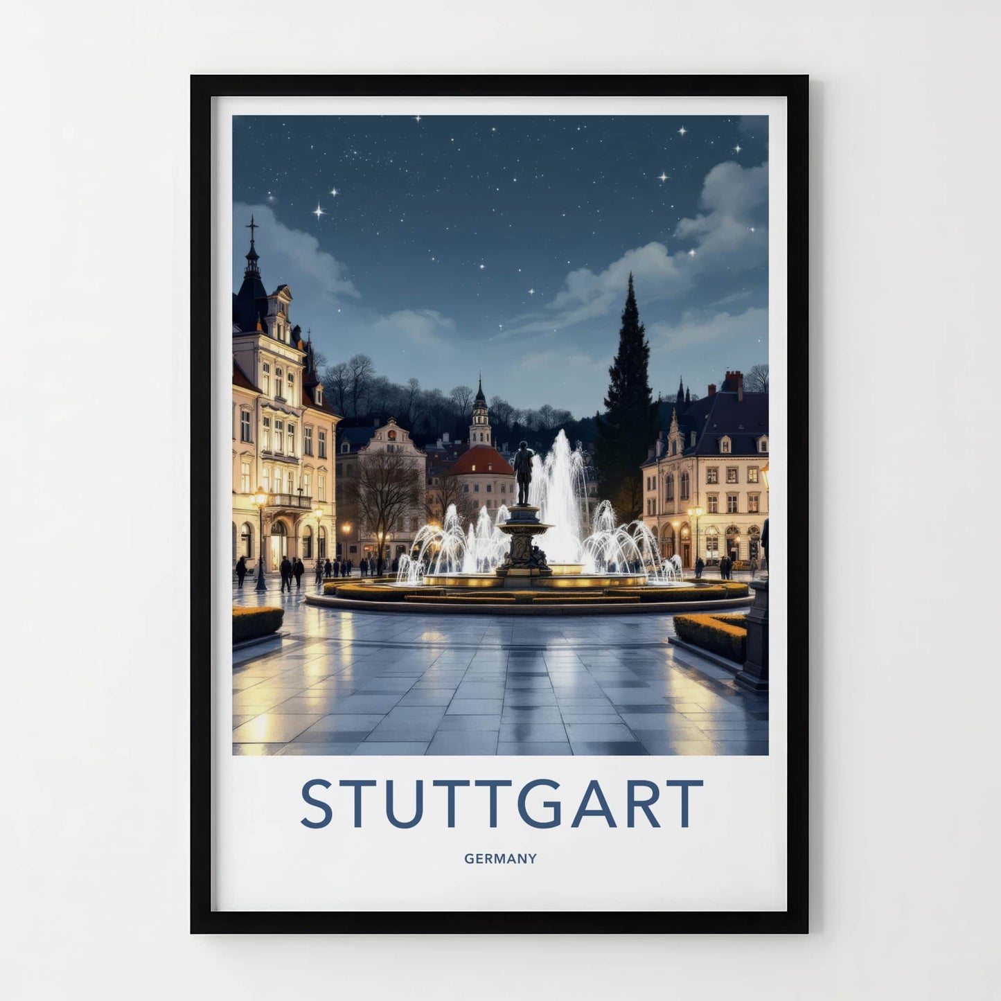 Stuttgart Poster - Germany Travel Print - Illuminated Fountain Square Home Decor