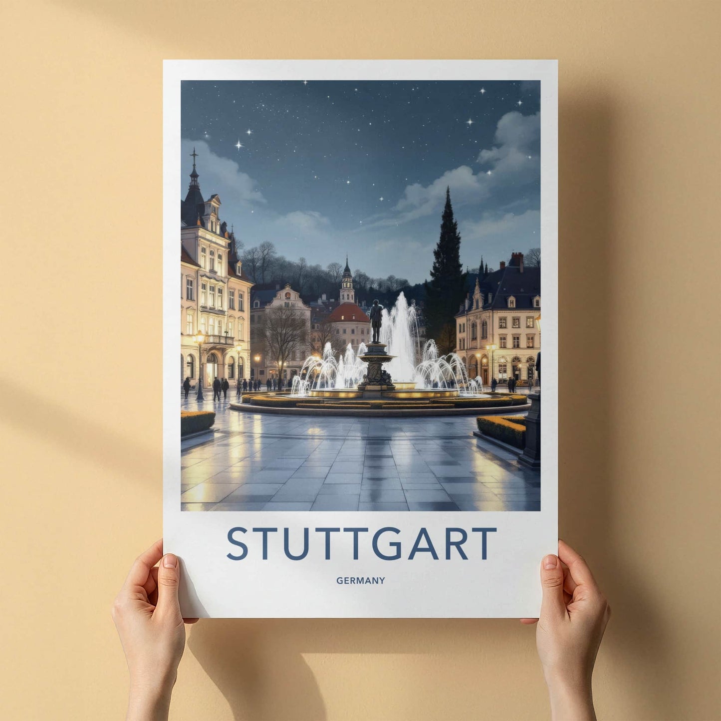 Stuttgart Poster - Germany Travel Print - Illuminated Fountain Square Home Decor