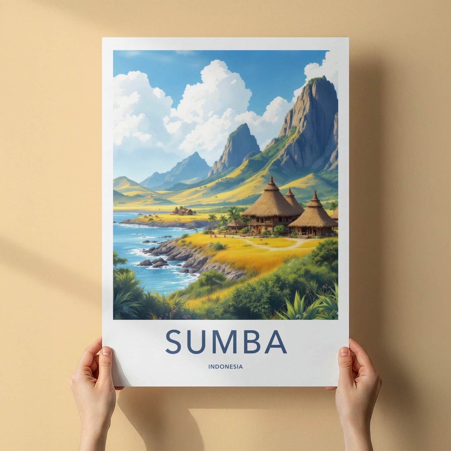 Sumba Poster - Indonesia Travel Art - Coastal Thatched Huts Home Decor