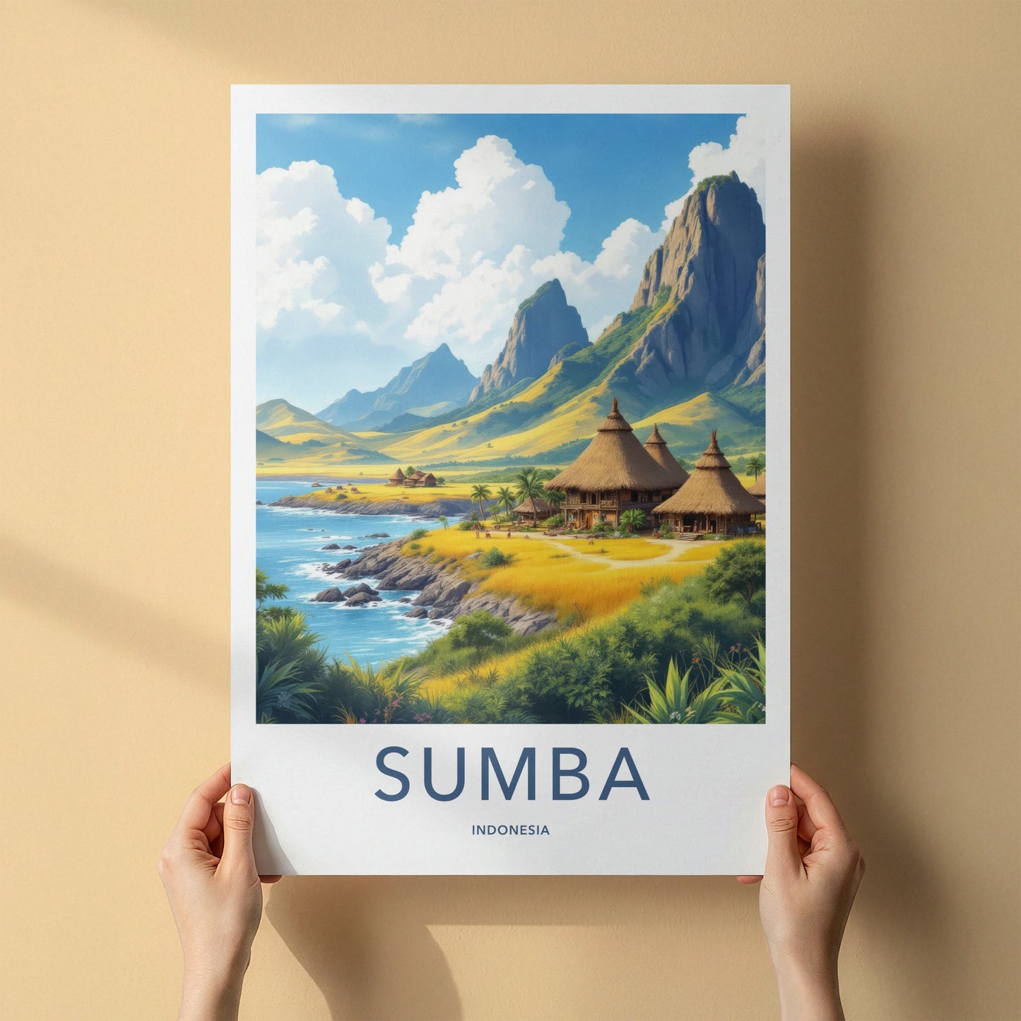 Sumba Poster - Indonesia Travel Art - Coastal Thatched Huts Home Decor