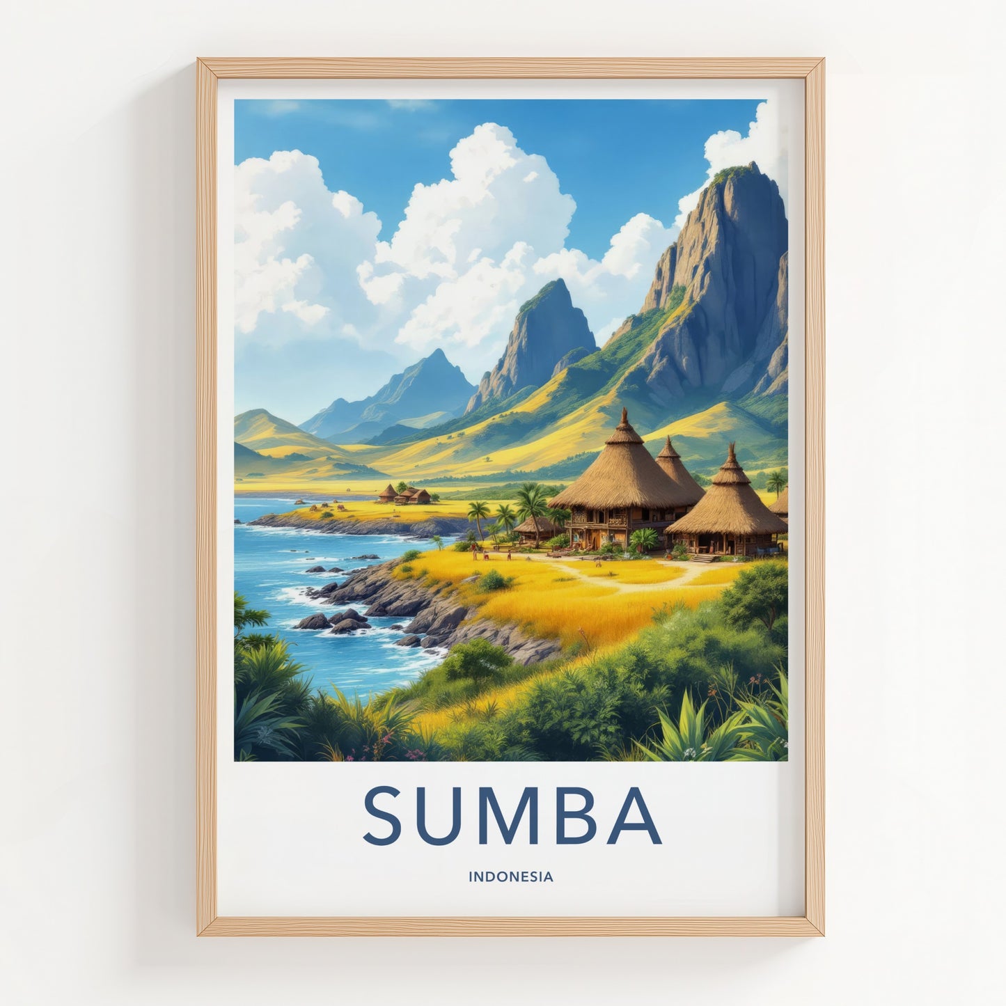 Sumba Poster - Indonesia Travel Art - Coastal Thatched Huts Home Decor