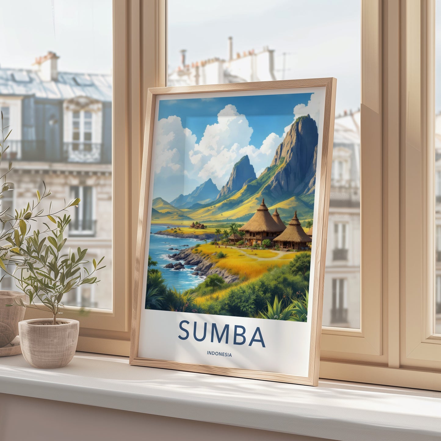 Sumba Poster - Indonesia Travel Art - Coastal Thatched Huts Home Decor
