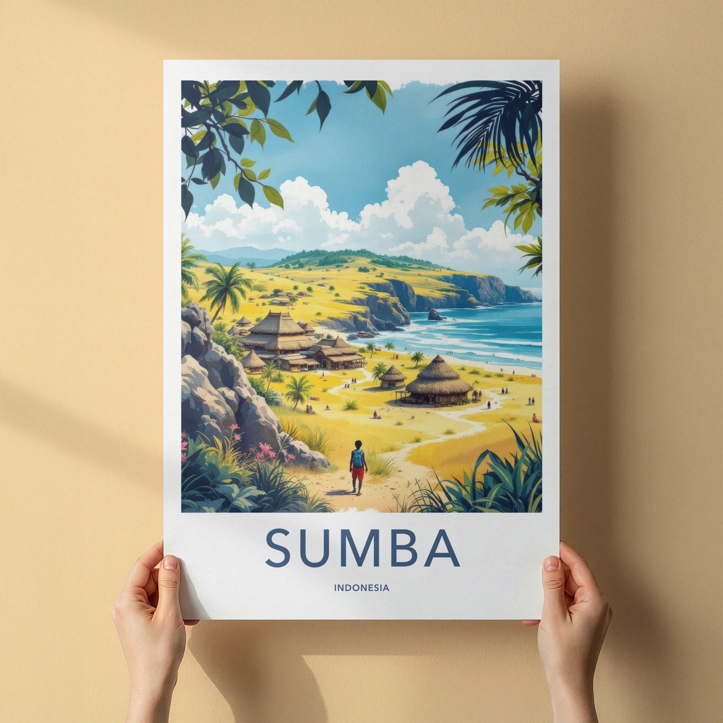 Sumba Poster - Indonesia Travel Art - Coastal Village Huts Home Decor