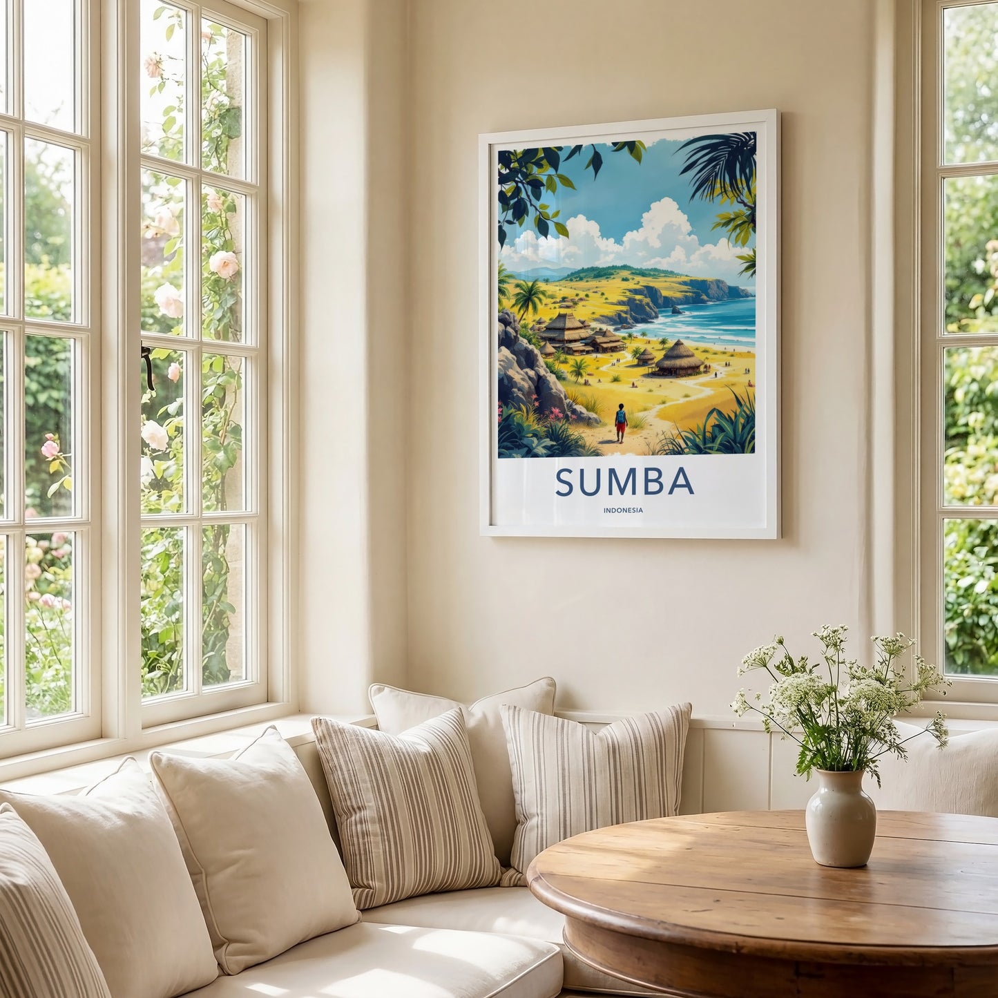 Sumba Poster - Indonesia Travel Art - Coastal Village Huts Home Decor