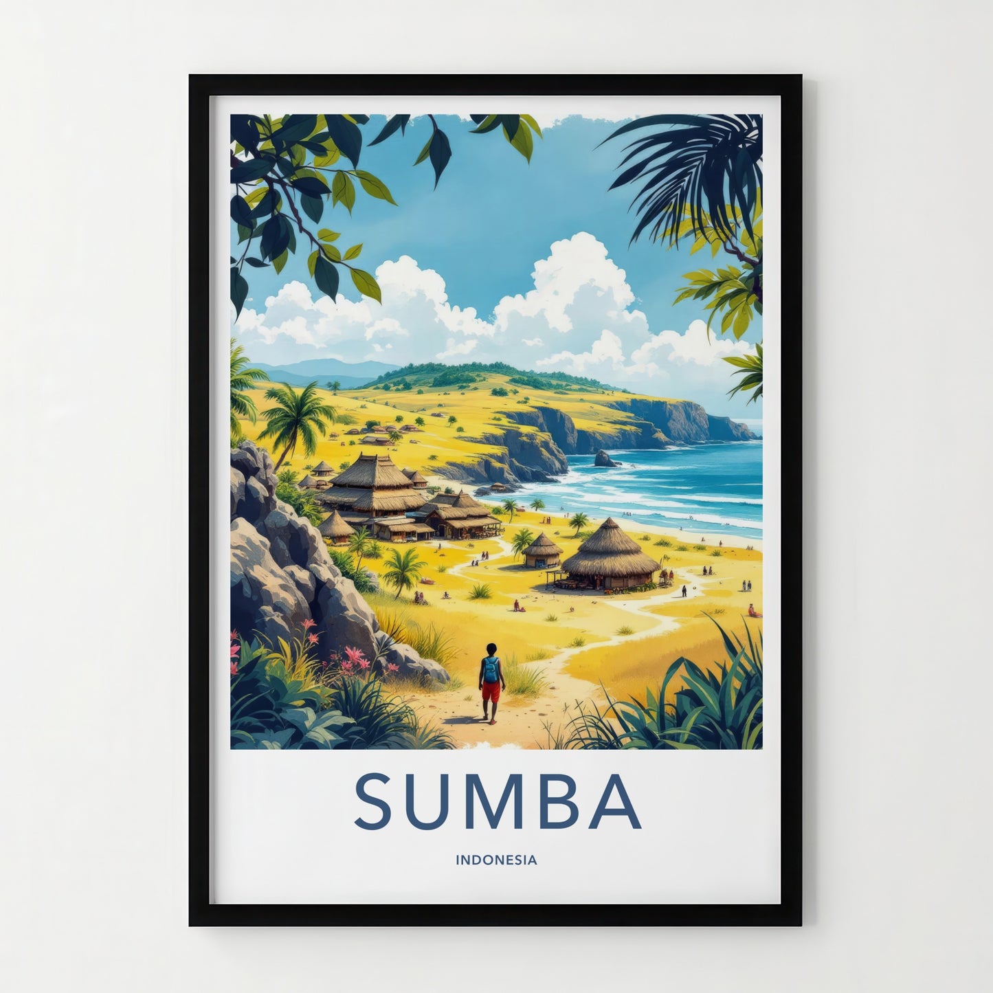 Sumba Poster - Indonesia Travel Art - Coastal Village Huts Home Decor