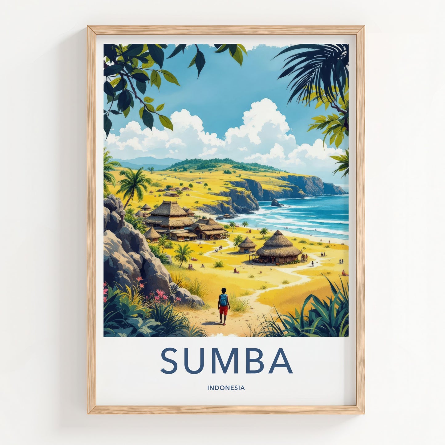 Sumba Poster - Indonesia Travel Art - Coastal Village Huts Home Decor