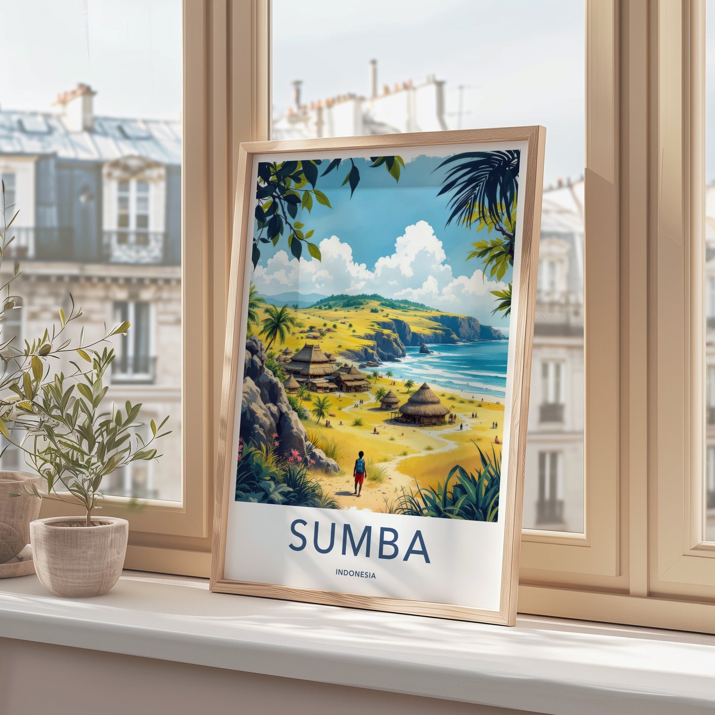 Sumba Poster - Indonesia Travel Art - Coastal Village Huts Home Decor