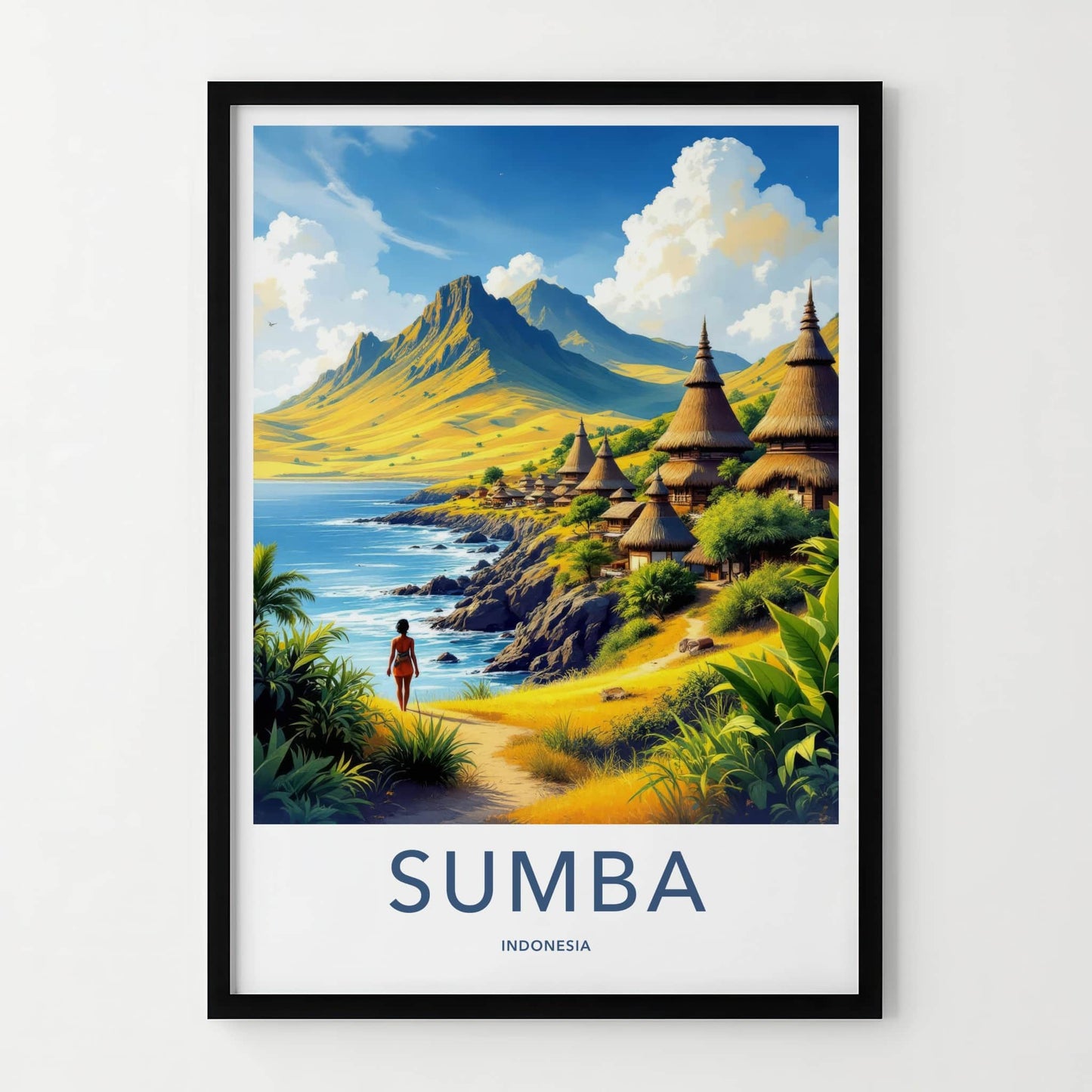 Sumba Poster - Indonesia Travel Art - Tropical Island Huts Home Decor