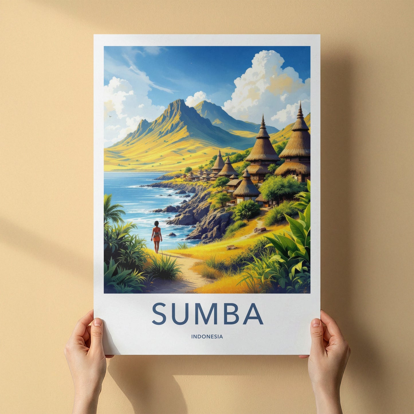 Sumba Poster - Indonesia Travel Art - Tropical Island Huts Home Decor