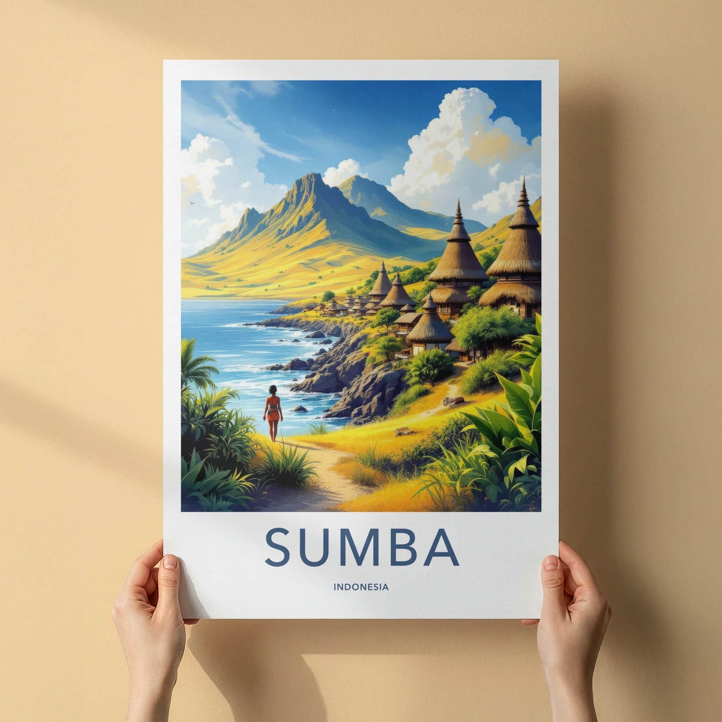 Sumba Poster - Indonesia Travel Art - Tropical Island Huts Home Decor