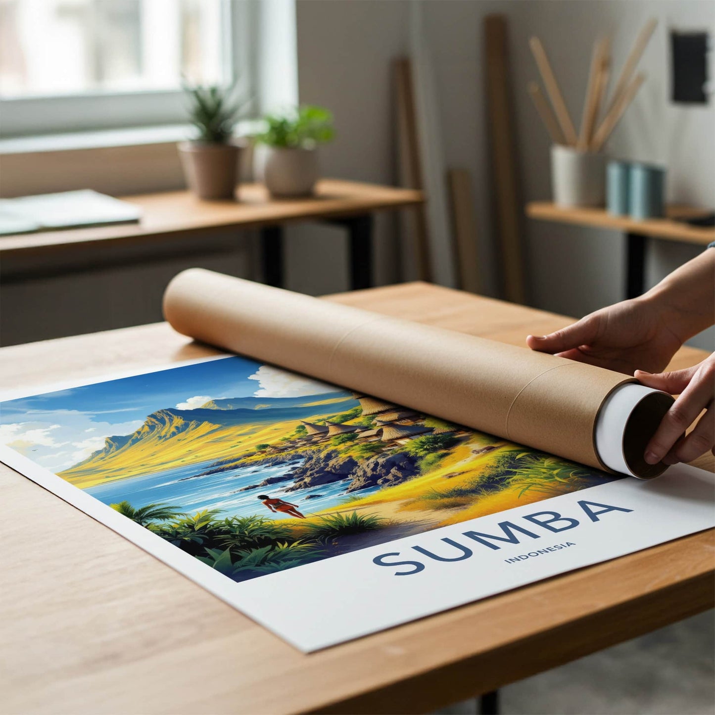 Sumba Poster - Indonesia Travel Art - Tropical Island Huts Home Decor