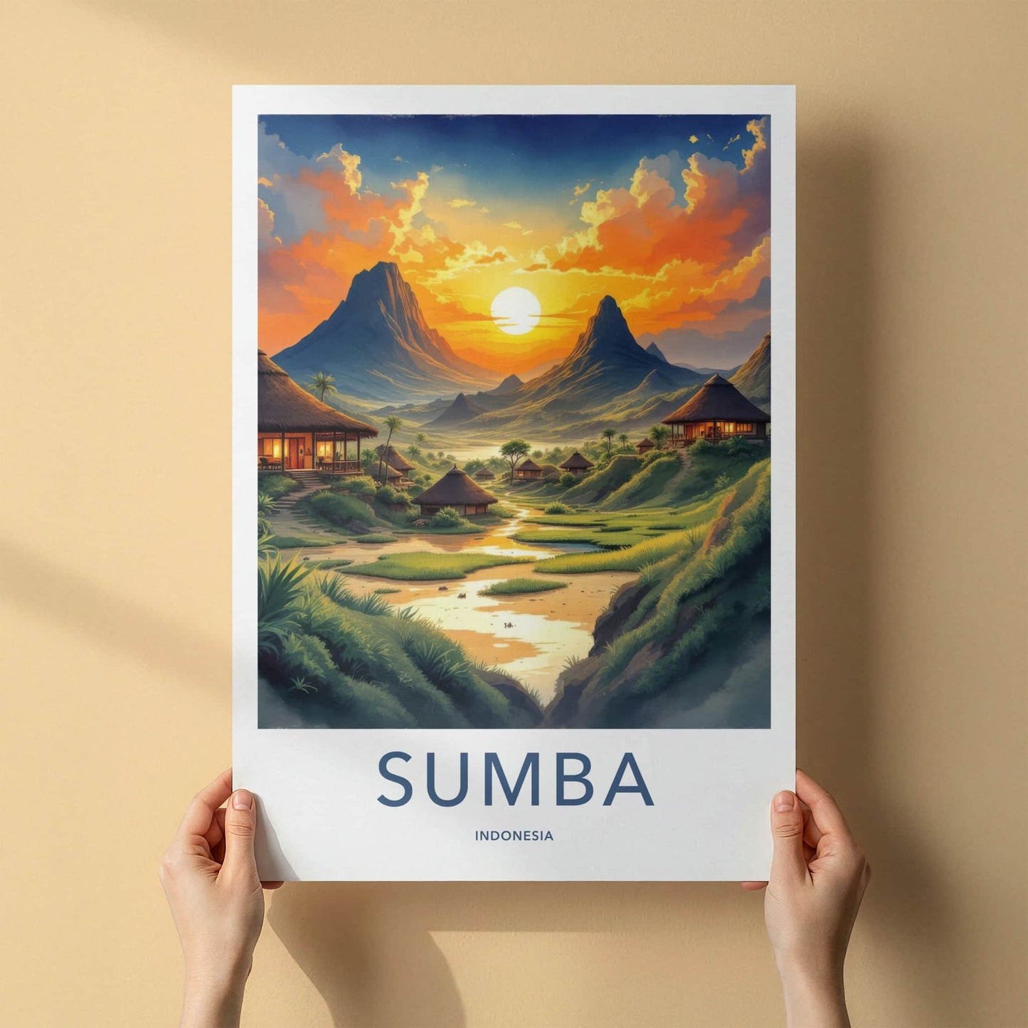 Sumba Poster - Indonesia Travel Art - Tropical Village Sunset Home Decor
