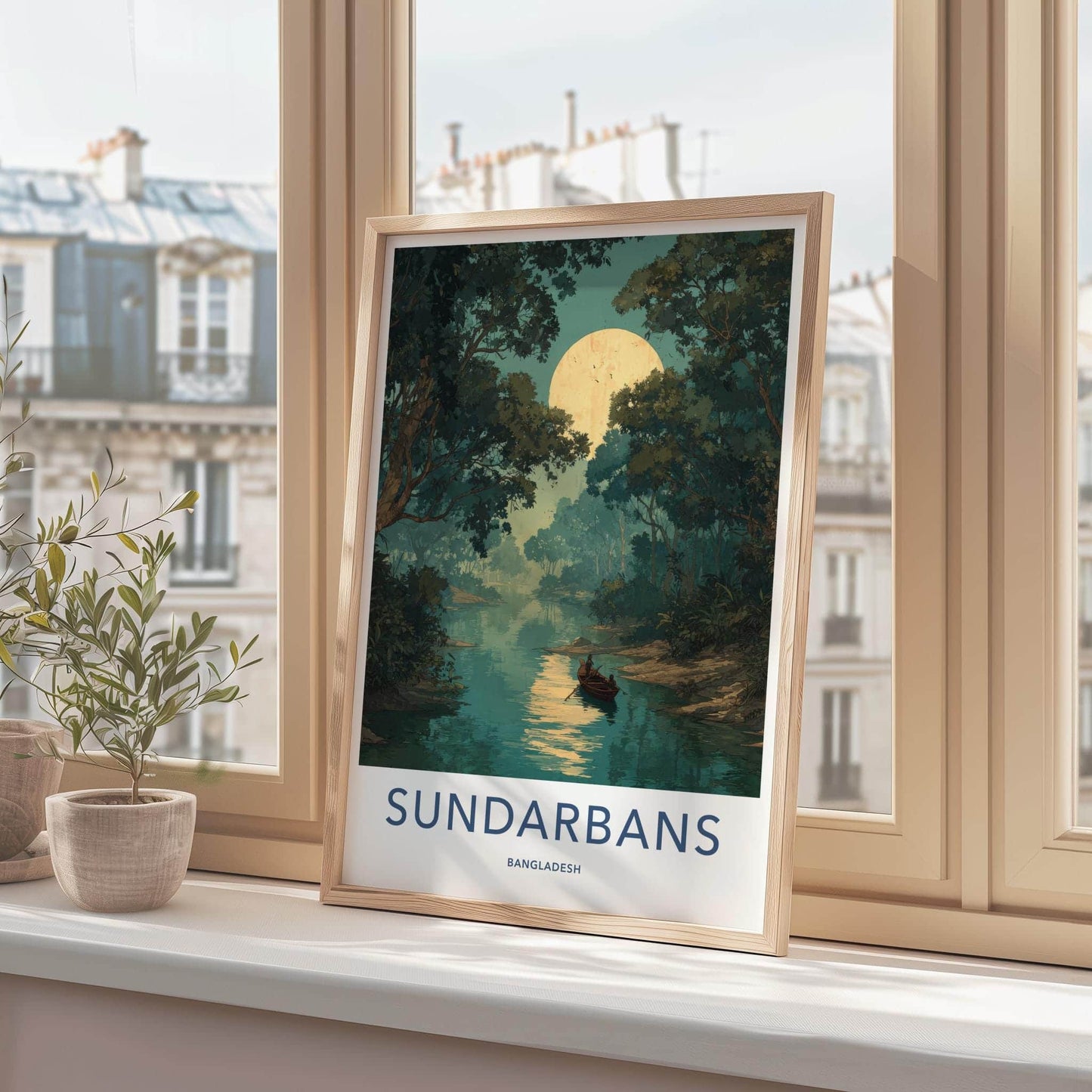 Sundarbans Poster - Bangladesh Travel Art - Moonlit Jungle Boat Home Decor