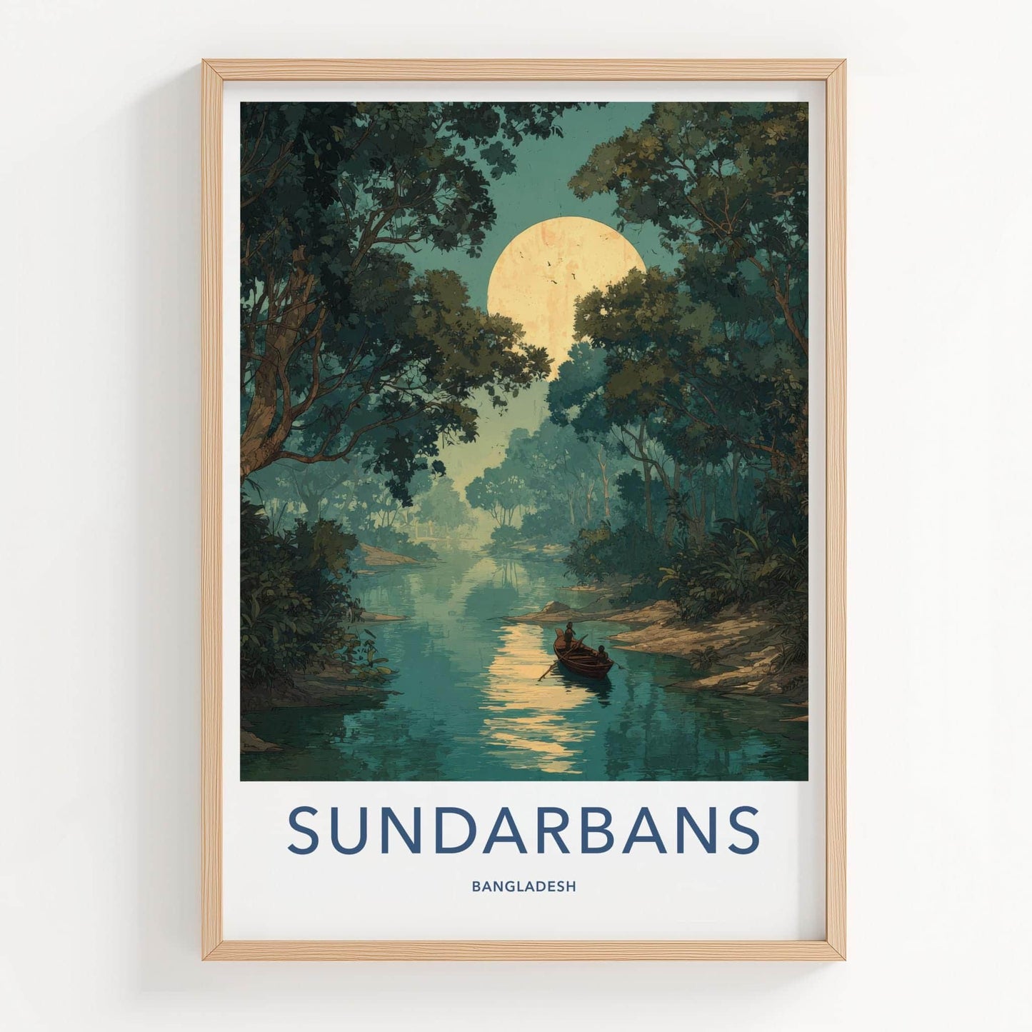 Sundarbans Poster - Bangladesh Travel Art - Moonlit Jungle Boat Home Decor
