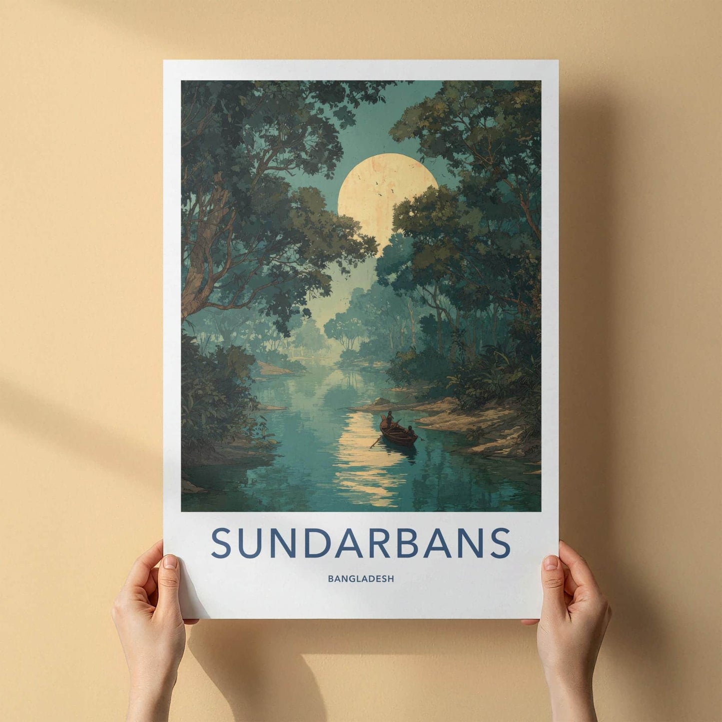 Sundarbans Poster - Bangladesh Travel Art - Moonlit Jungle Boat Home Decor