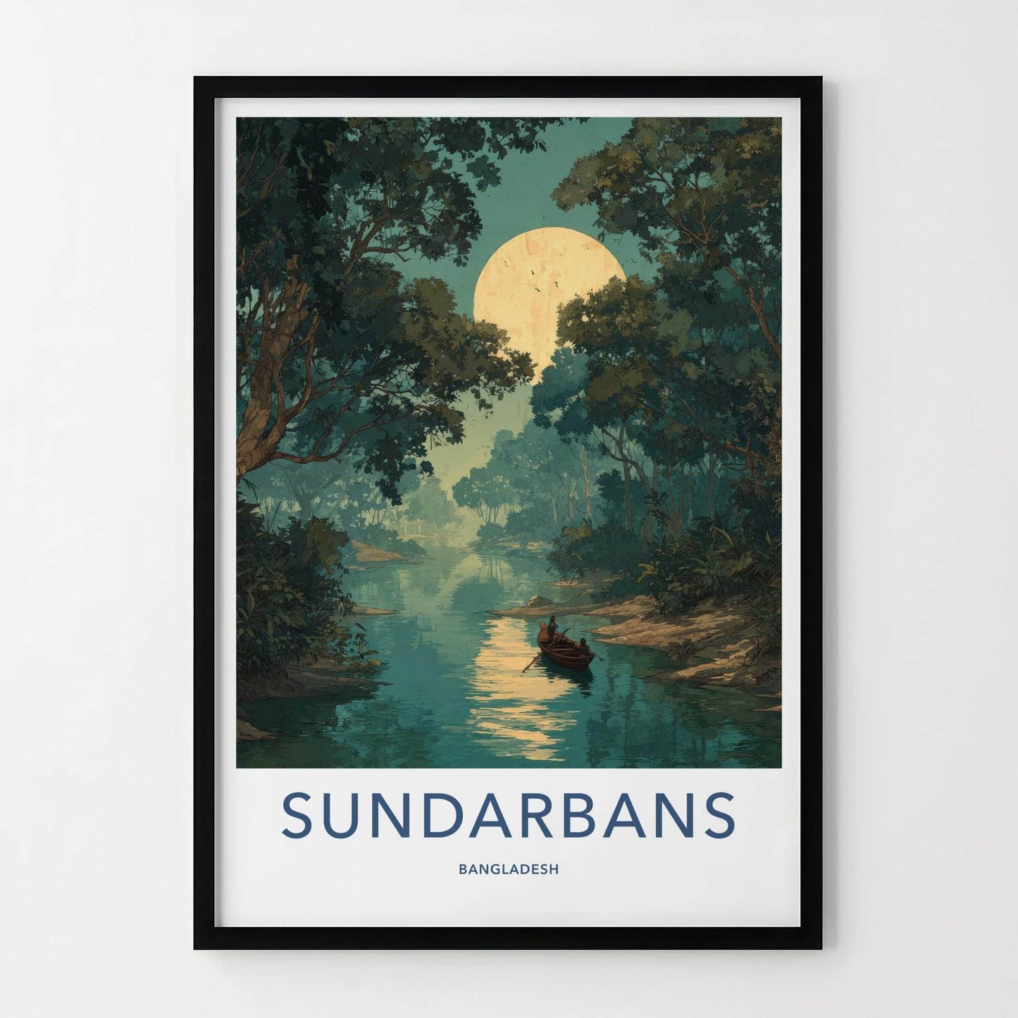 Sundarbans Poster - Bangladesh Travel Art - Moonlit Jungle Boat Home Decor