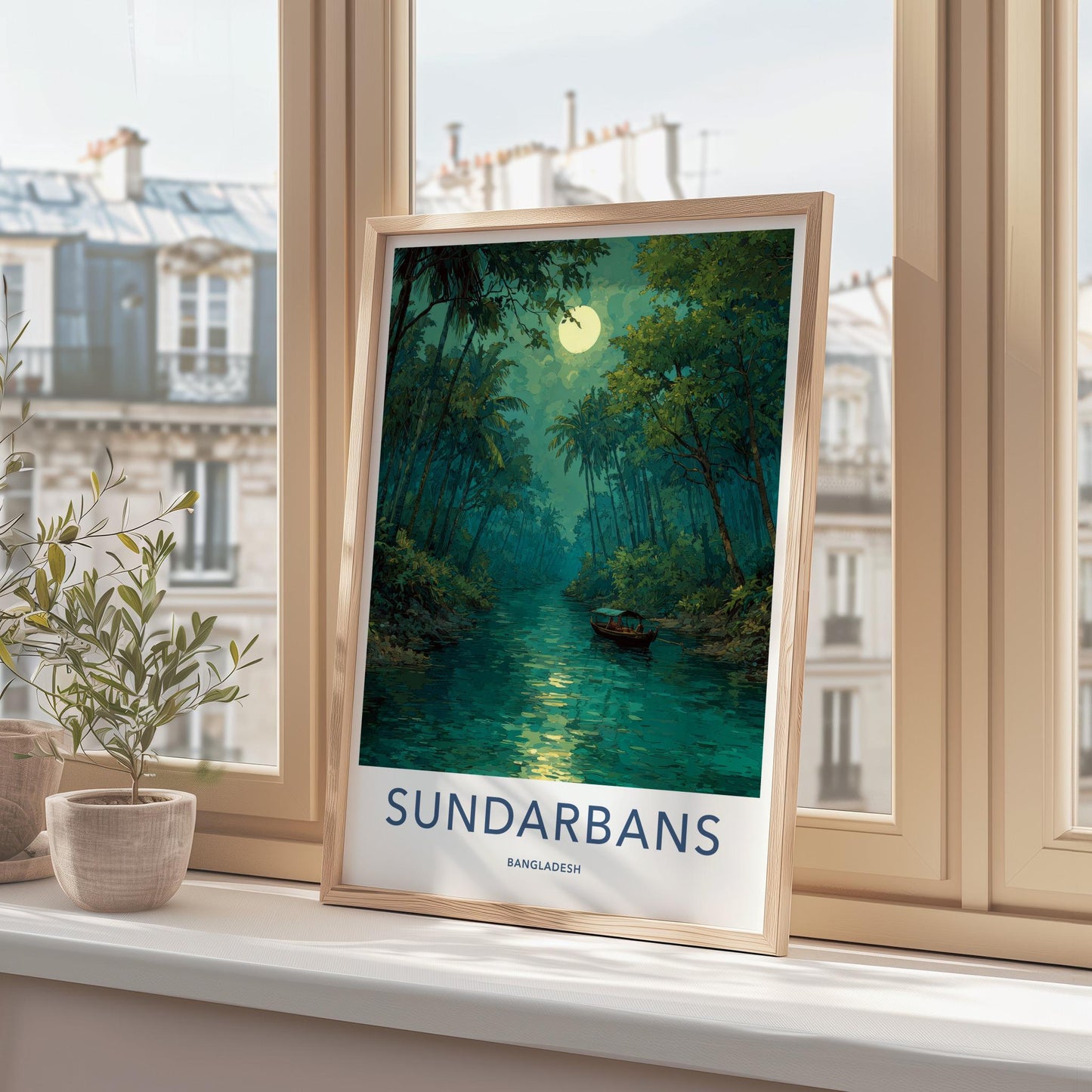 Sundarbans Poster - Bangladesh Travel Art - Moonlit River Boat Home Decor