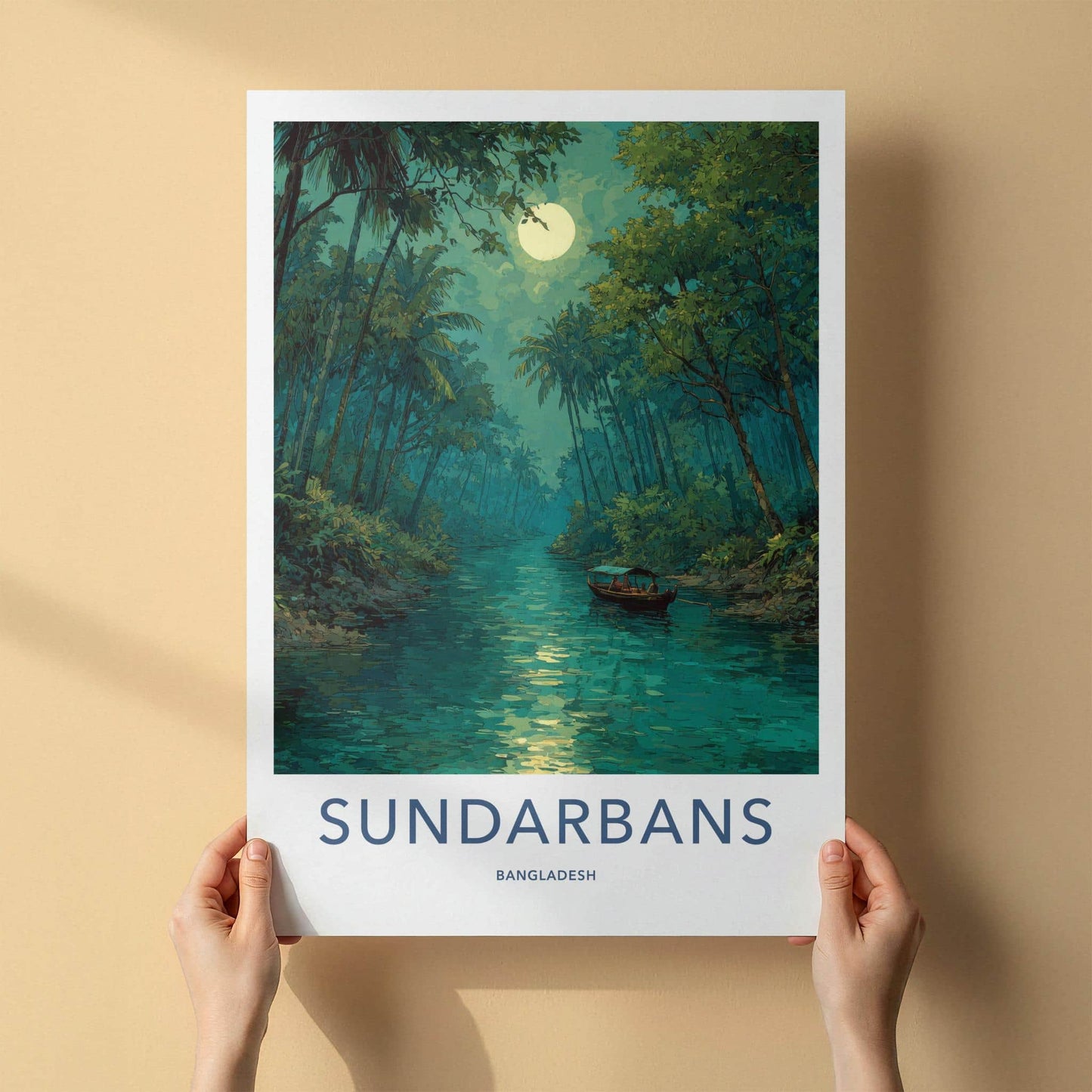 Sundarbans Poster - Bangladesh Travel Art - Moonlit River Boat Home Decor