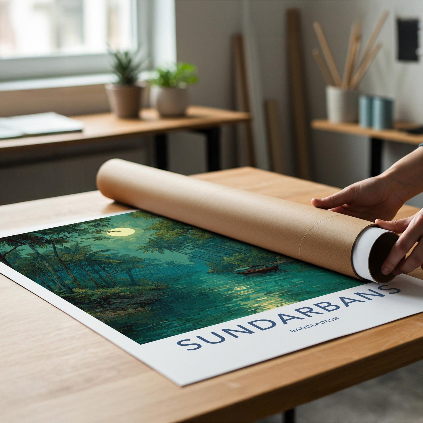 Sundarbans Poster - Bangladesh Travel Art - Moonlit River Boat Home Decor