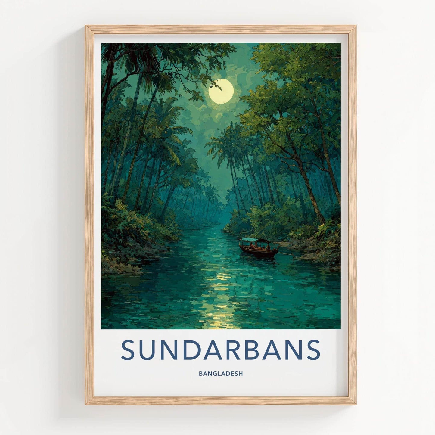 Sundarbans Poster - Bangladesh Travel Art - Moonlit River Boat Home Decor