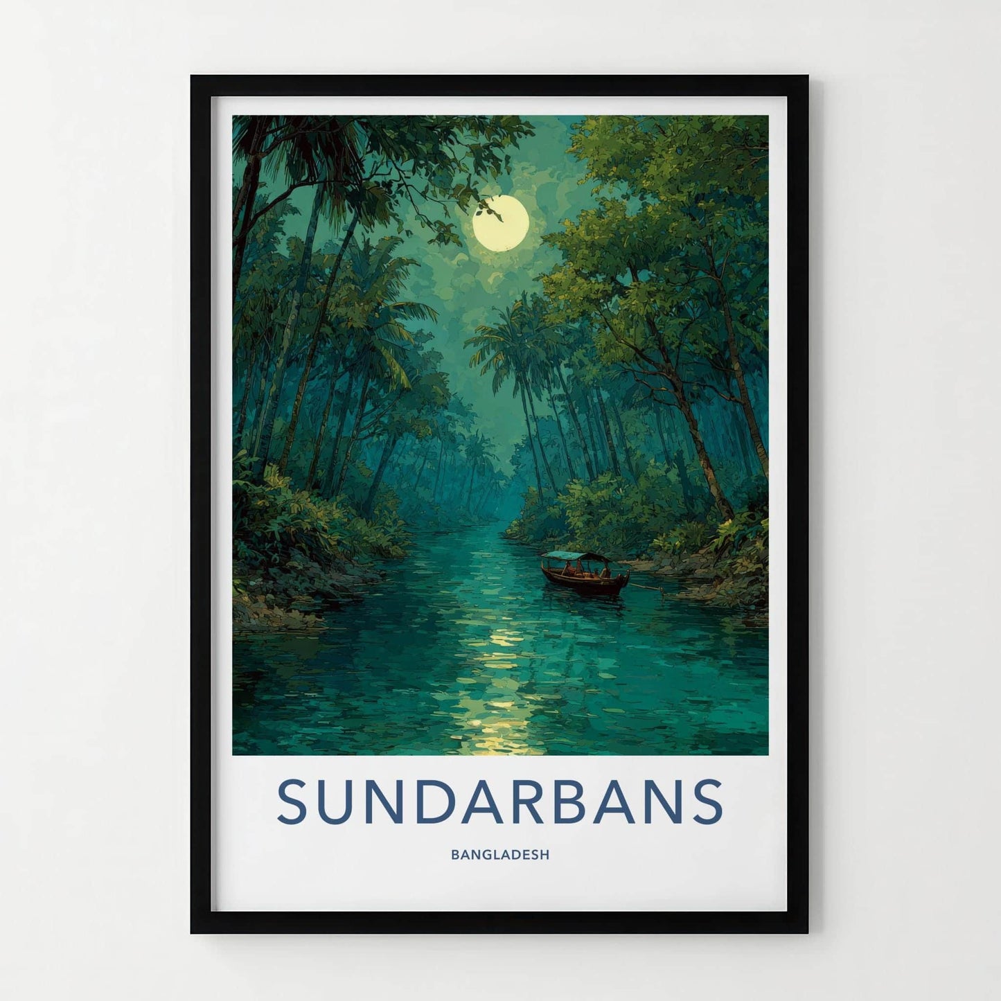 Sundarbans Poster - Bangladesh Travel Art - Moonlit River Boat Home Decor