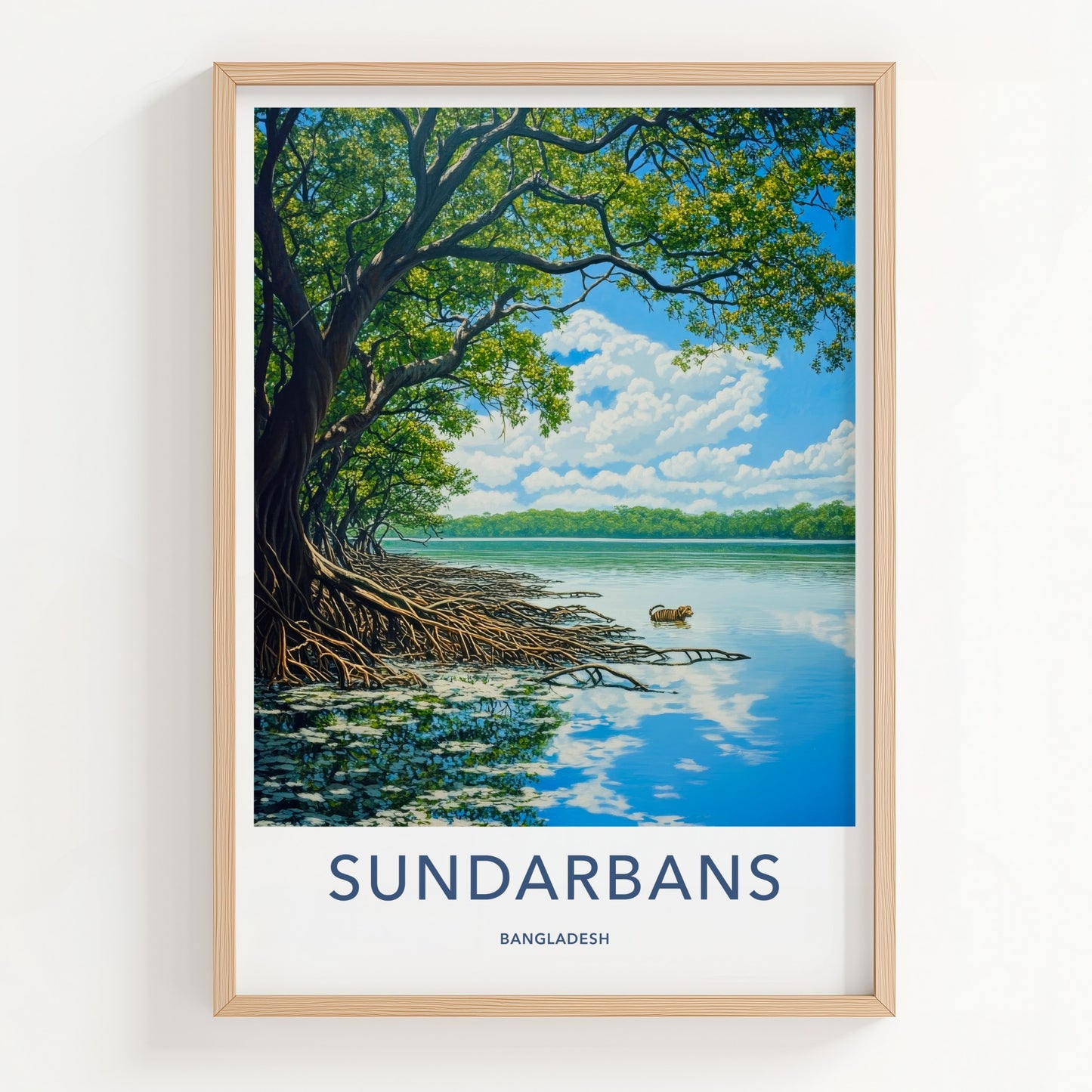 Sundarbans Poster - Bangladesh Travel Art - Swimming Tiger Mangroves Home Decor
