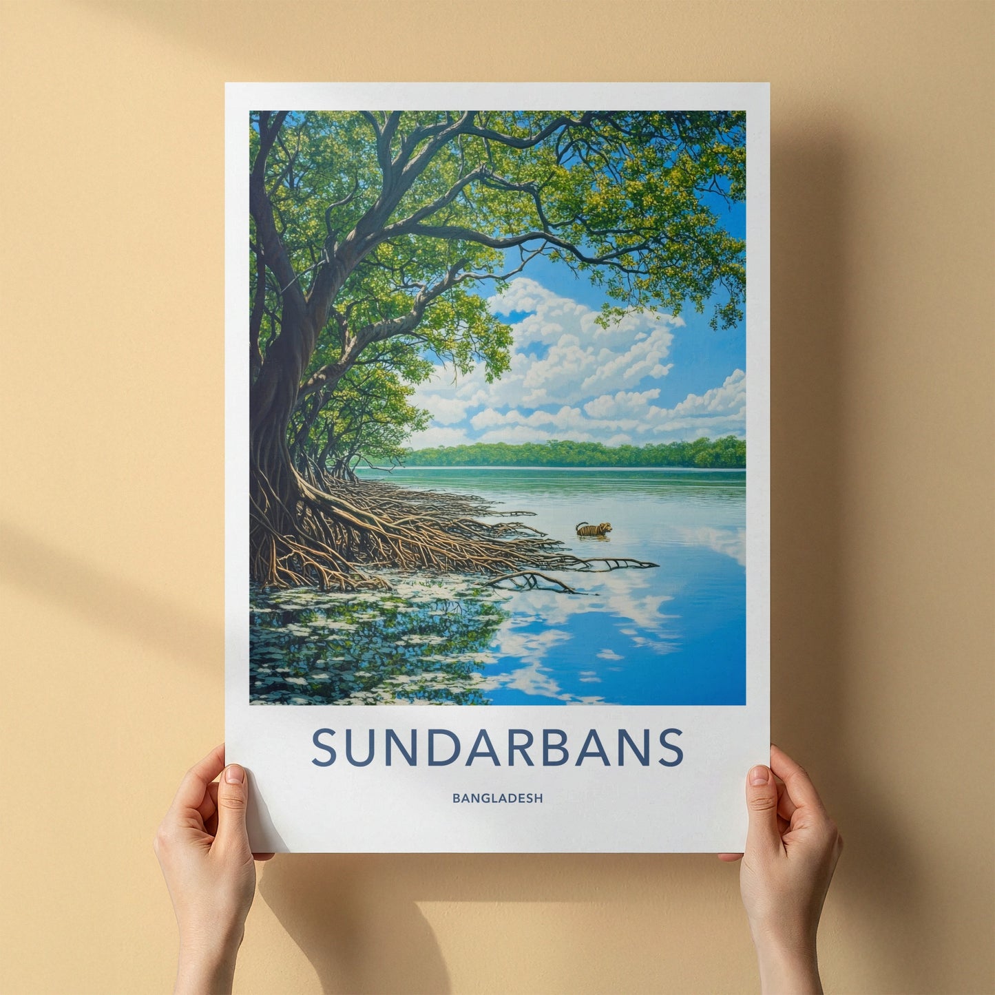 Sundarbans Poster - Bangladesh Travel Art - Swimming Tiger Mangroves Home Decor