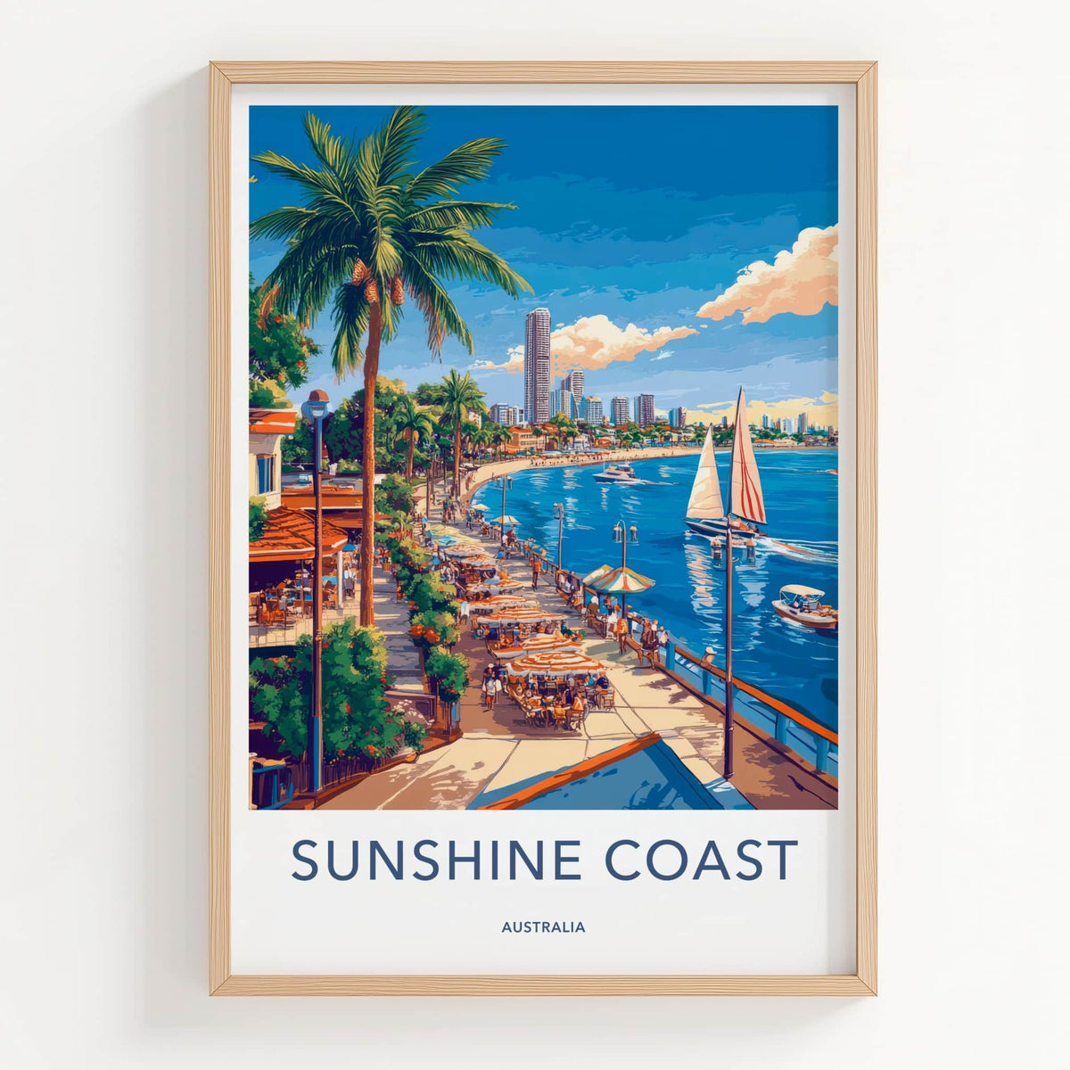 Sunshine Coast Poster - Australia Travel Art - Tropical Coastal Waterfront Wall Decor