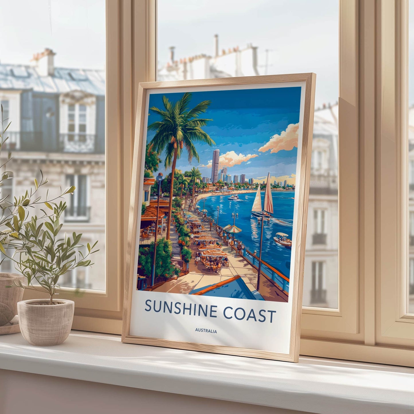 Sunshine Coast Poster - Australia Travel Art - Tropical Coastal Waterfront Wall Decor