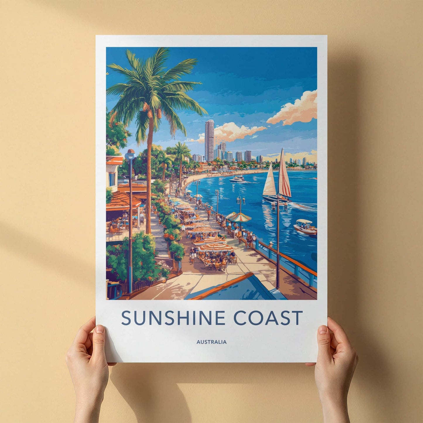 Sunshine Coast Poster - Australia Travel Art - Tropical Coastal Waterfront Wall Decor