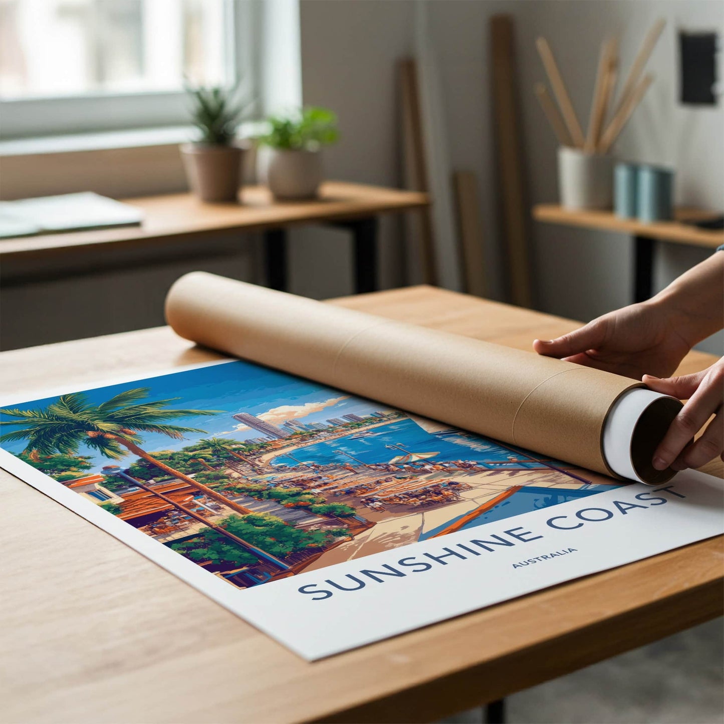 Sunshine Coast Poster - Australia Travel Art - Tropical Coastal Waterfront Wall Decor