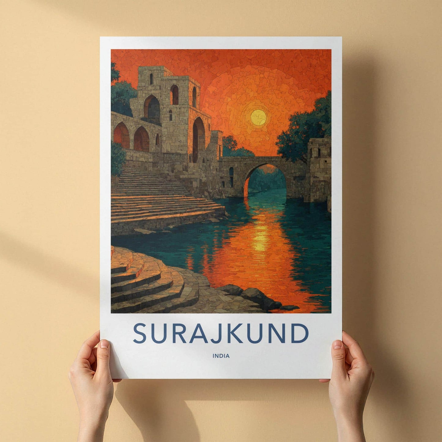 Surajkund Poster - India Travel Art - Haryana Orange Sky Reflection Home Decor