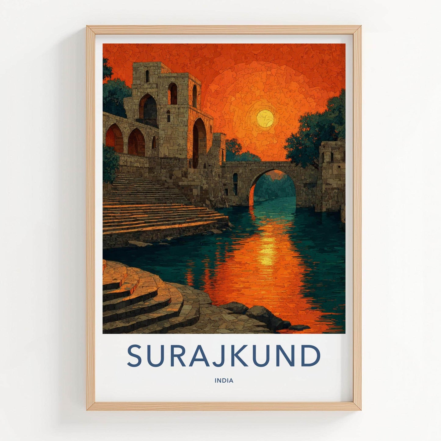 Surajkund Poster - India Travel Art - Haryana Orange Sky Reflection Home Decor