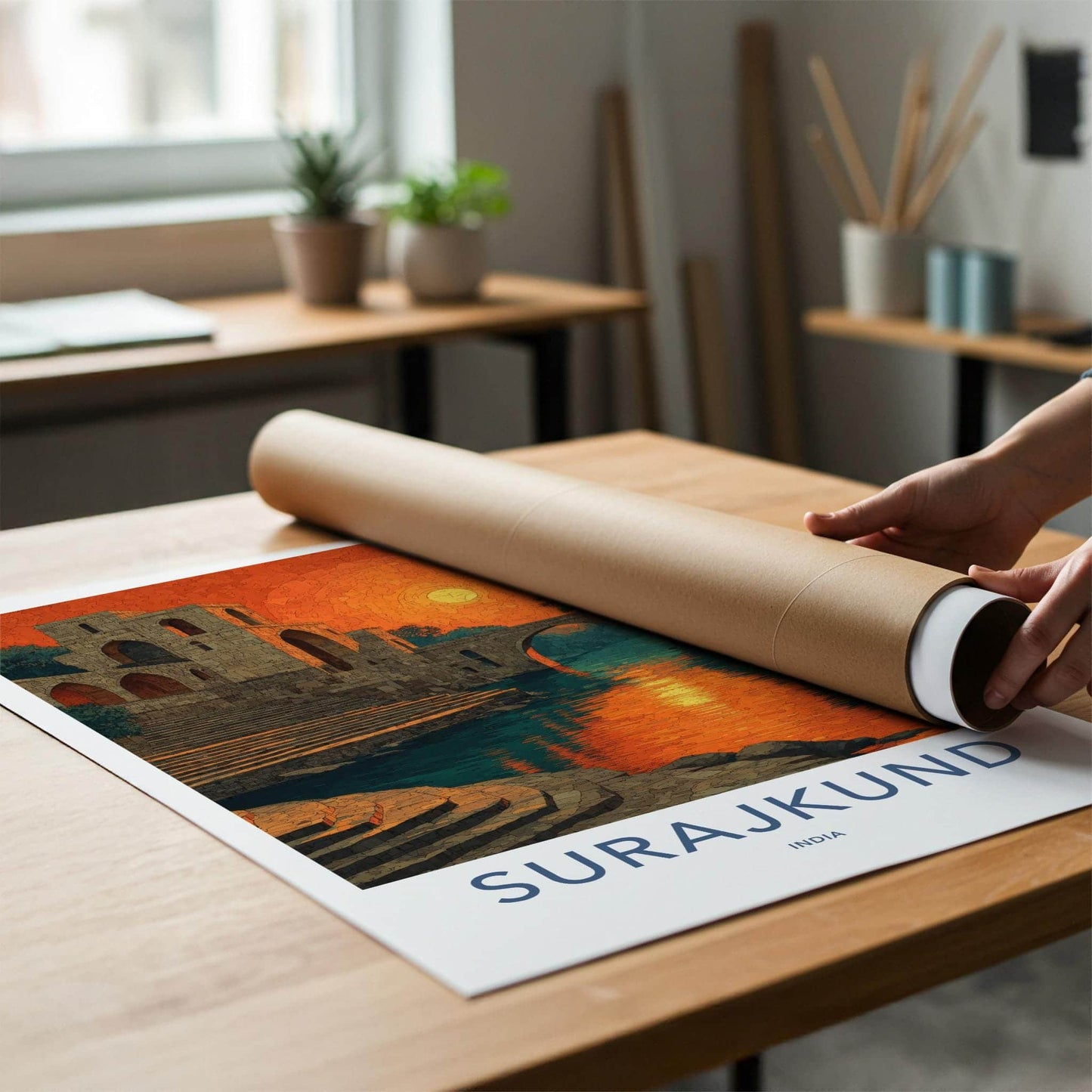 Surajkund Poster - India Travel Art - Haryana Orange Sky Reflection Home Decor