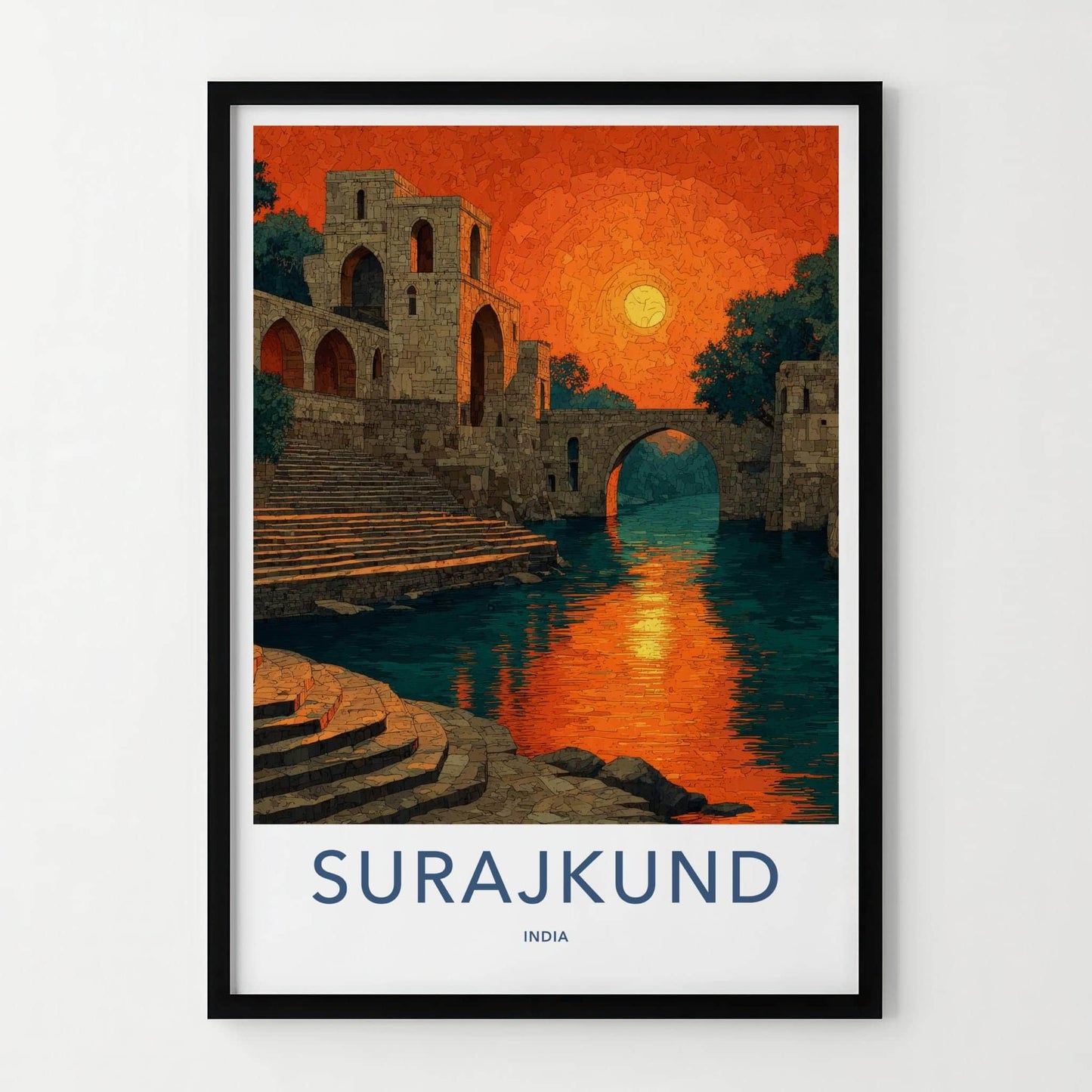 Surajkund Poster - India Travel Art - Haryana Orange Sky Reflection Home Decor