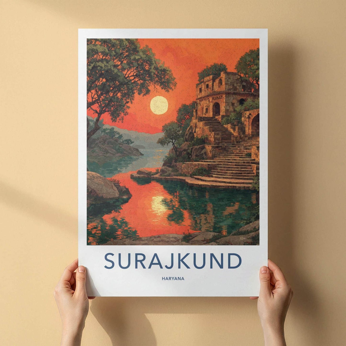 Surajkund Poster - India Travel Art - Haryana Stone Structure Lake Home Decor