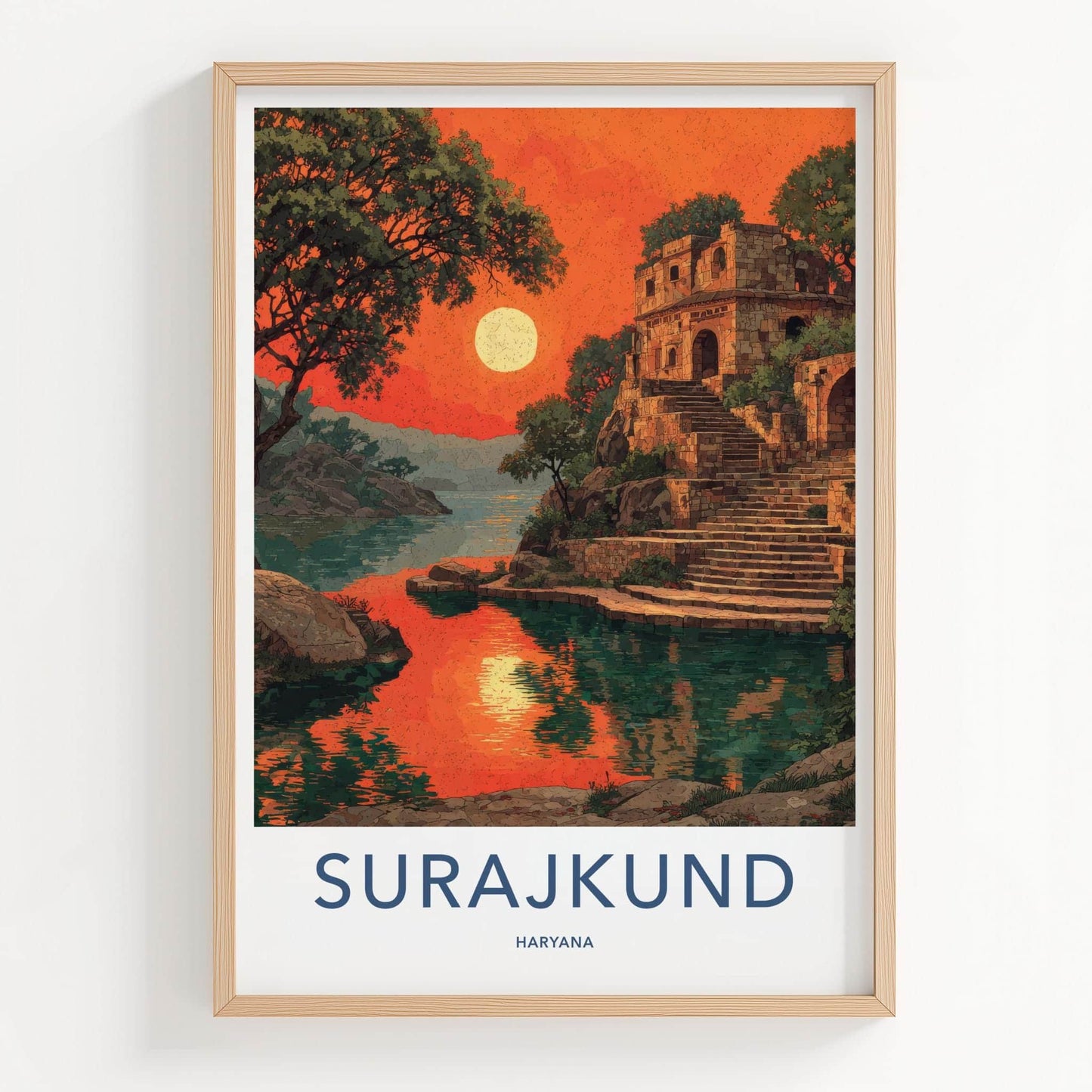 Surajkund Poster - India Travel Art - Haryana Stone Structure Lake Home Decor