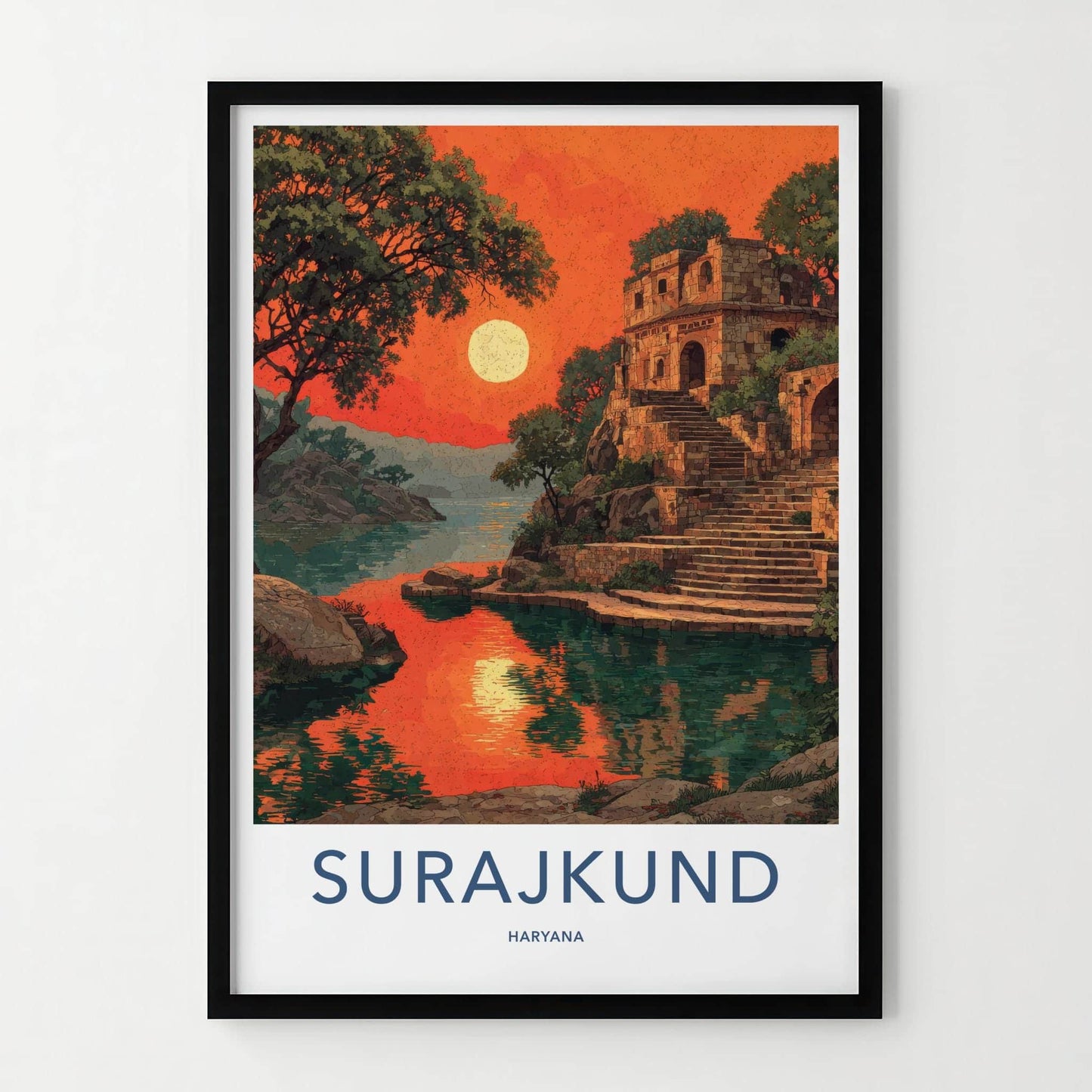 Surajkund Poster - India Travel Art - Haryana Stone Structure Lake Home Decor