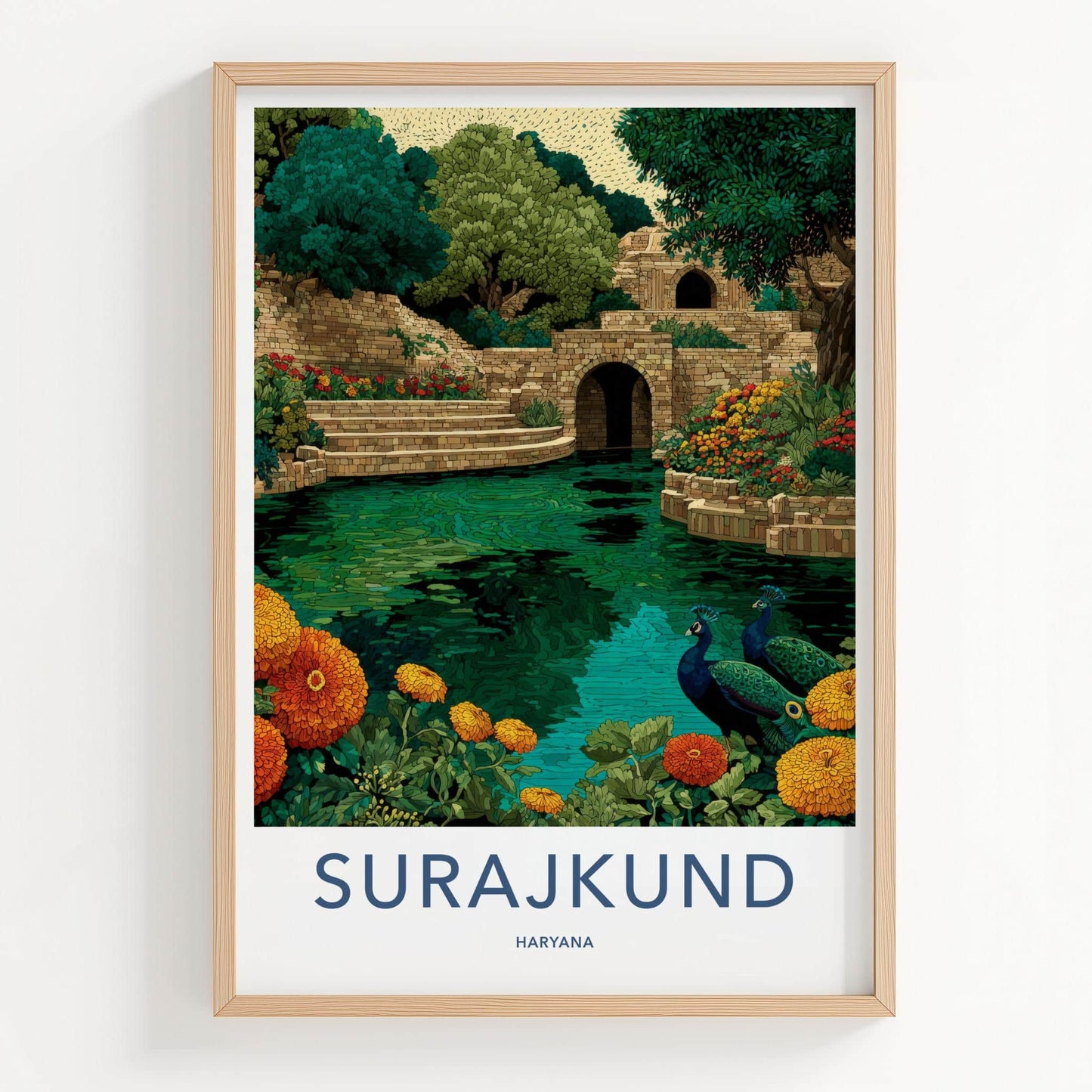 Surajkund Poster - India Travel Print - Haryana Peacocks Stepwell Wall Decor