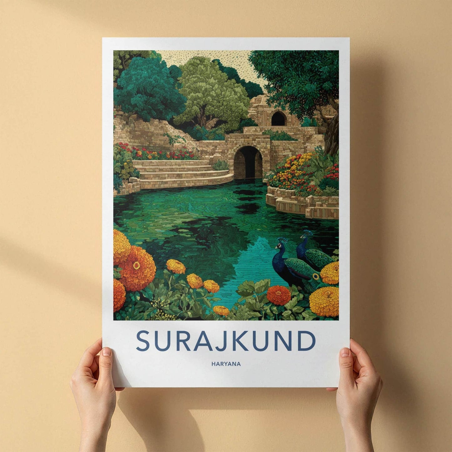 Surajkund Poster - India Travel Print - Haryana Peacocks Stepwell Wall Decor