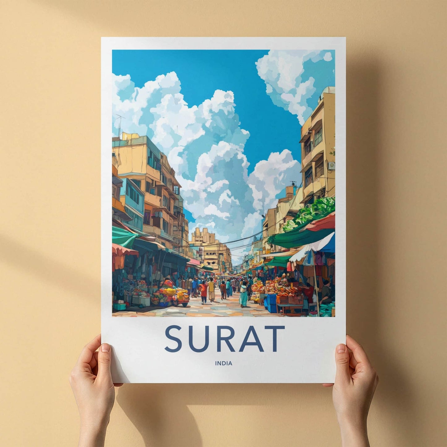 Surat Poster - India Travel Art - Gujarat Bustling Market Scene Home Decor