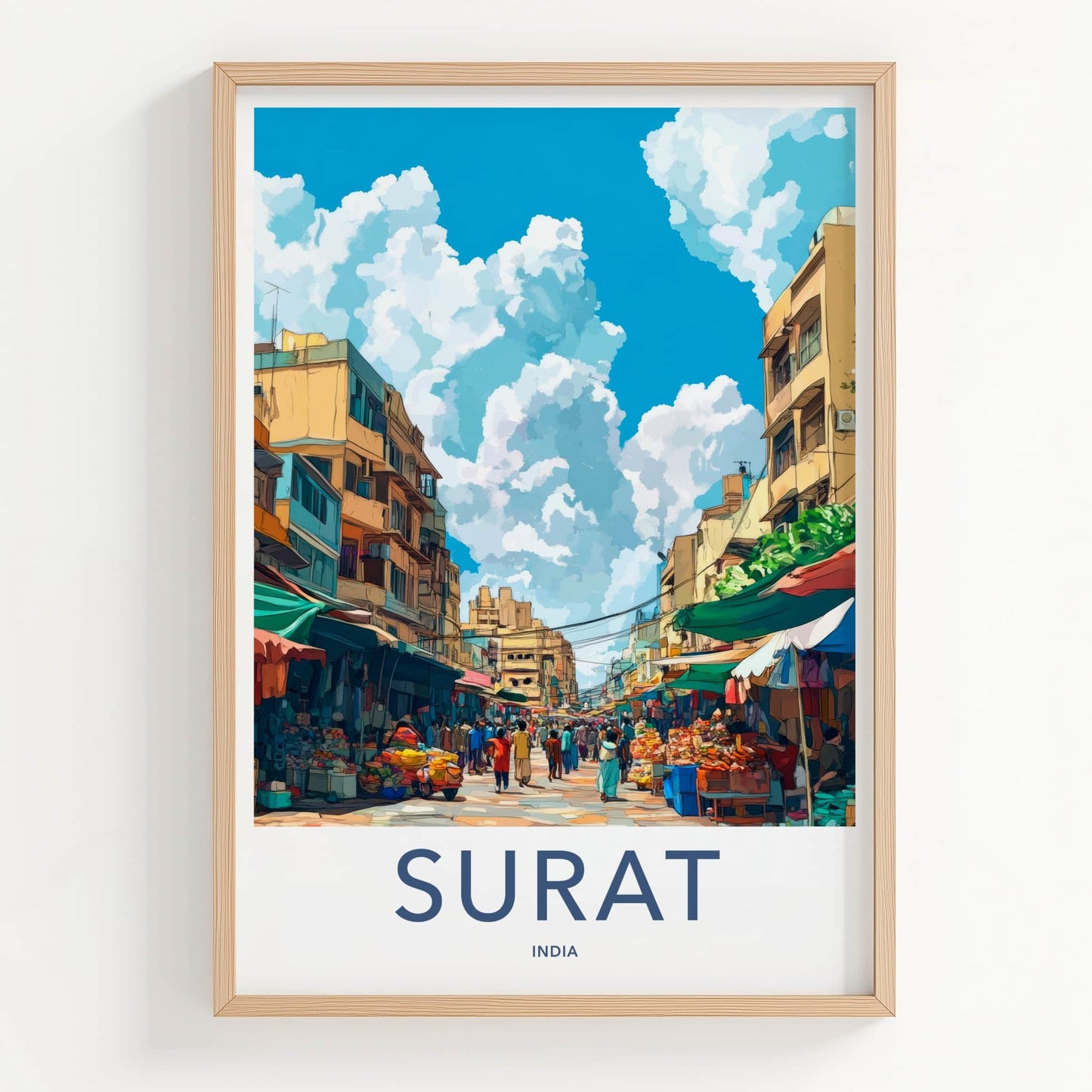 Surat Poster - India Travel Art - Gujarat Bustling Market Scene Home Decor