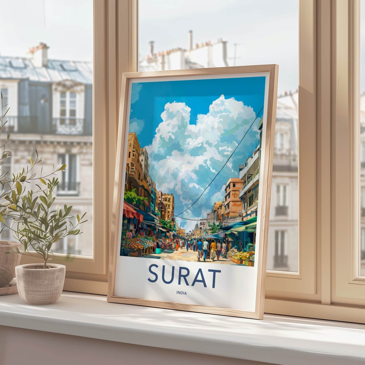 Surat Poster - India Travel Art - Gujarat Colorful Market Street Wall Decor