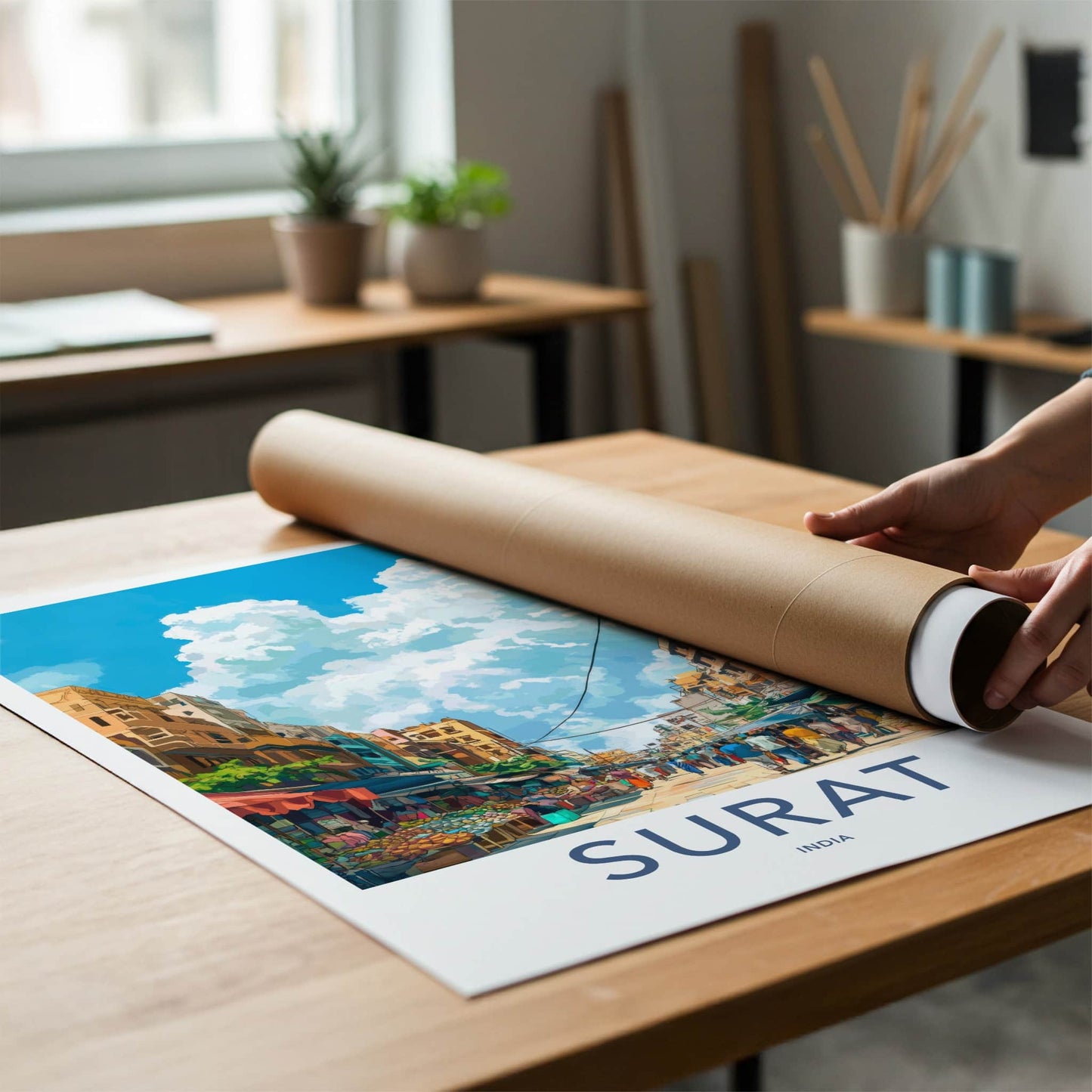 Surat Poster - India Travel Art - Gujarat Colorful Market Street Wall Decor