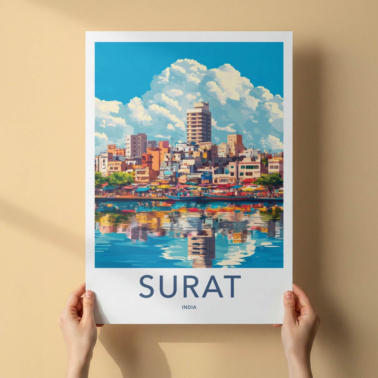 Surat Poster - India Travel Art - Gujarat Colorful Riverfront Scene Home Decor