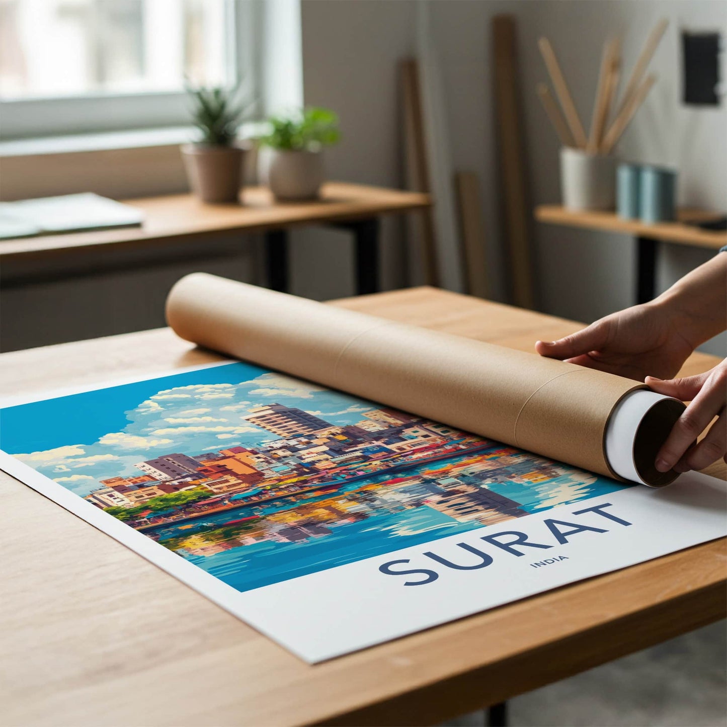 Surat Poster - India Travel Art - Gujarat Colorful Riverfront Scene Home Decor