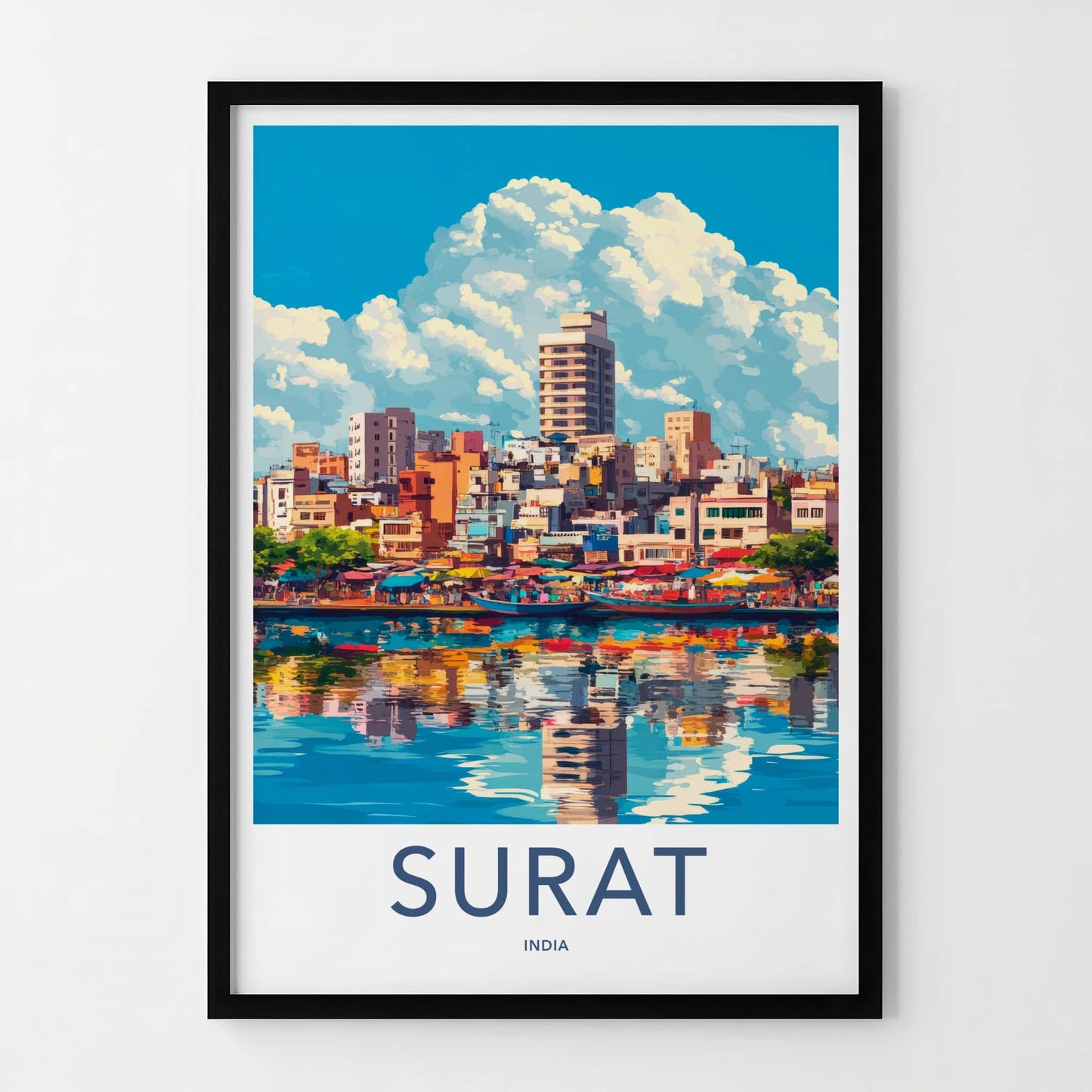 Surat Poster - India Travel Art - Gujarat Colorful Riverfront Scene Home Decor