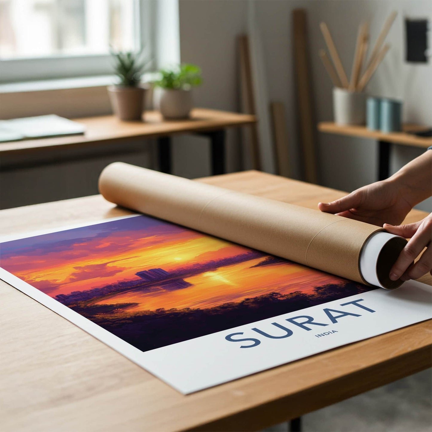 Surat Poster - India Travel Art - Gujarat Vibrant River Sunset Home Decor