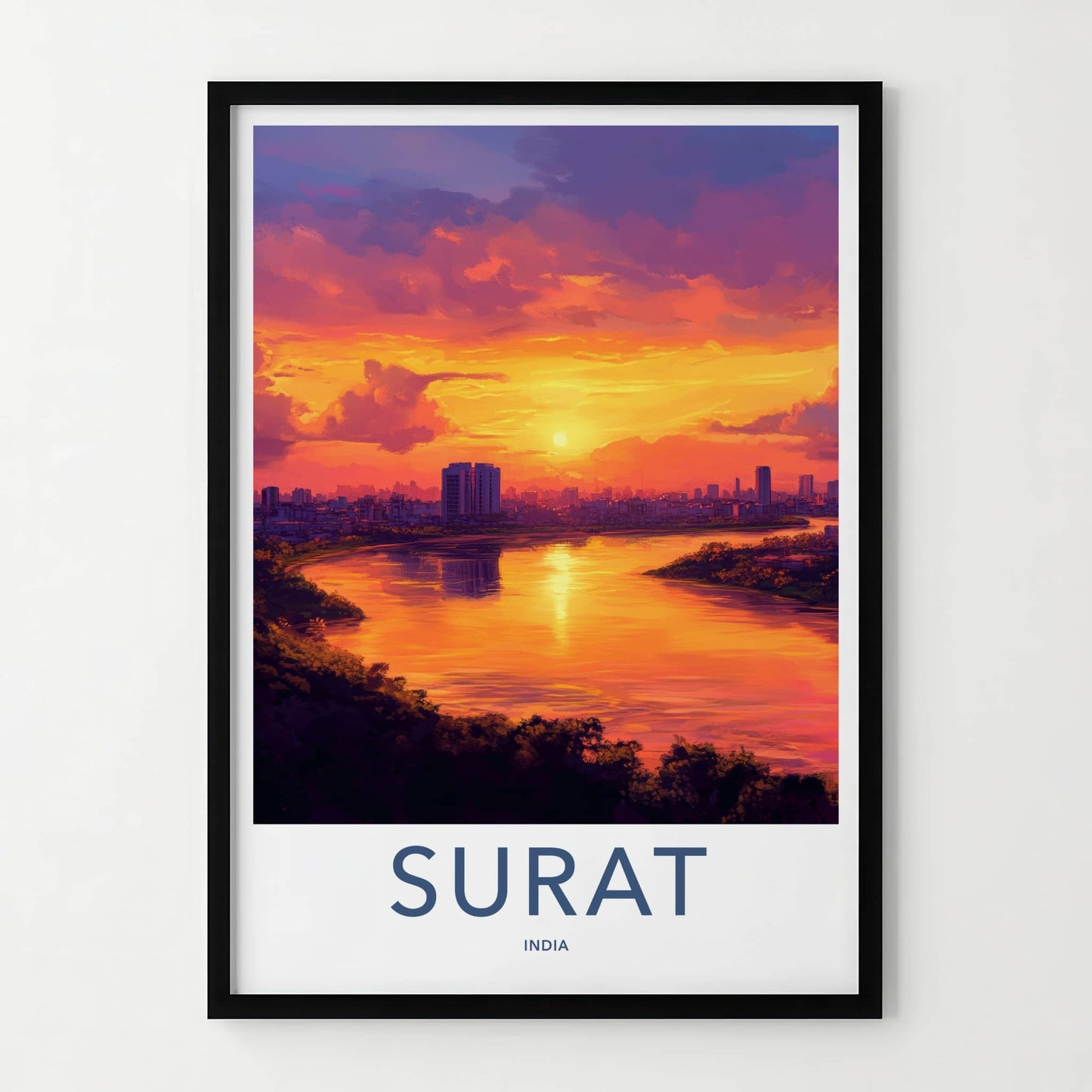 Surat Poster - India Travel Art - Gujarat Vibrant River Sunset Home Decor